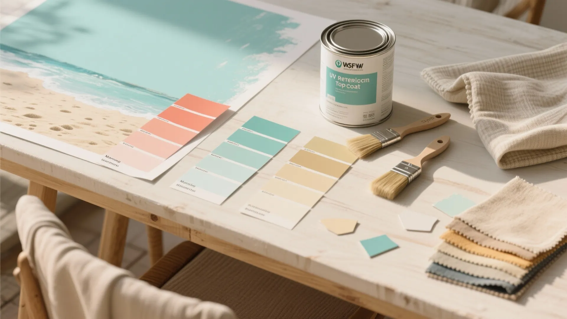 Top-down flatlay of large paint swatches, primer can, brushes and fabric samples for coastal color testing.