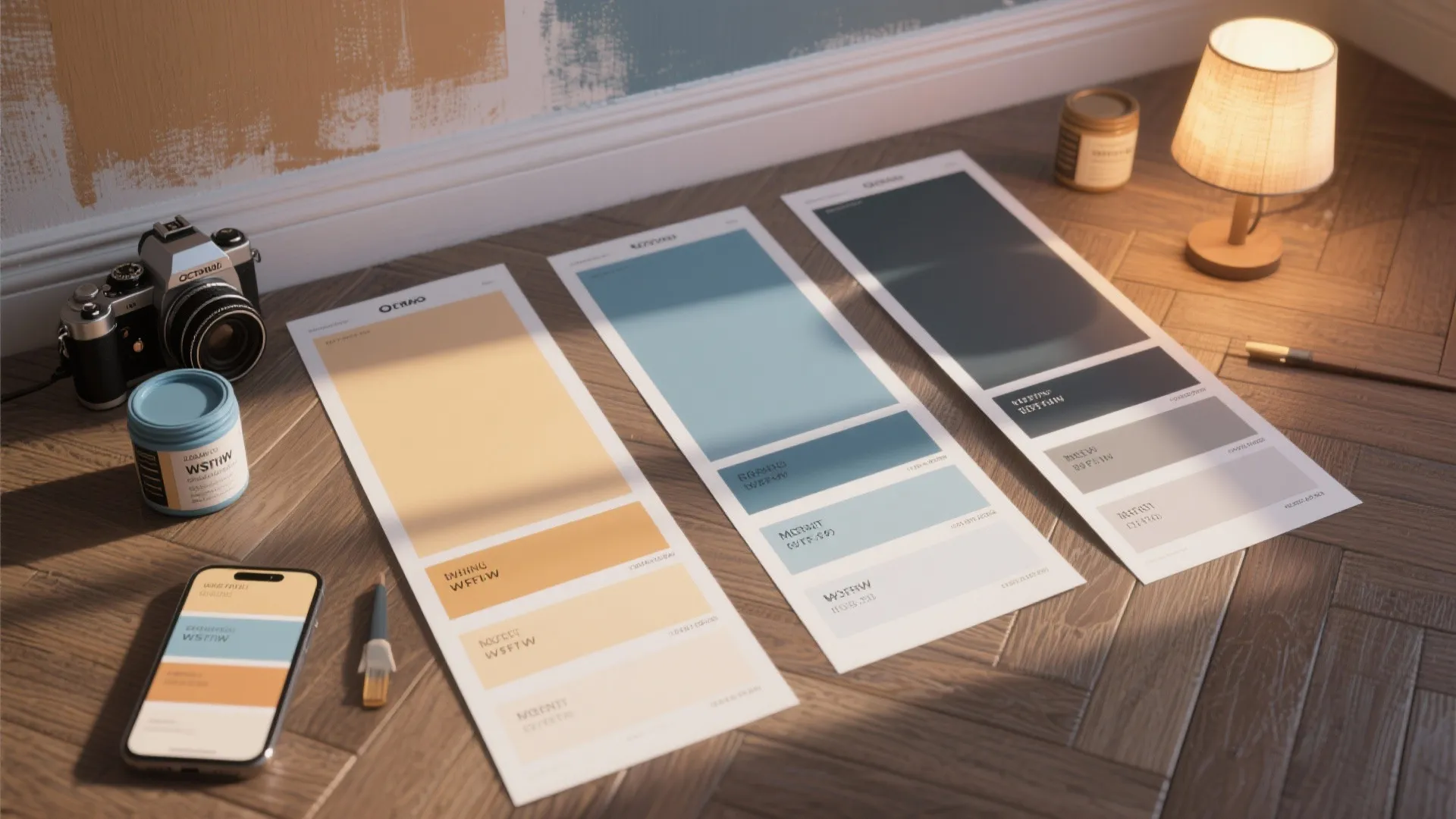 Interior design color cards on wooden floor with a camera small lamp and a smart phone