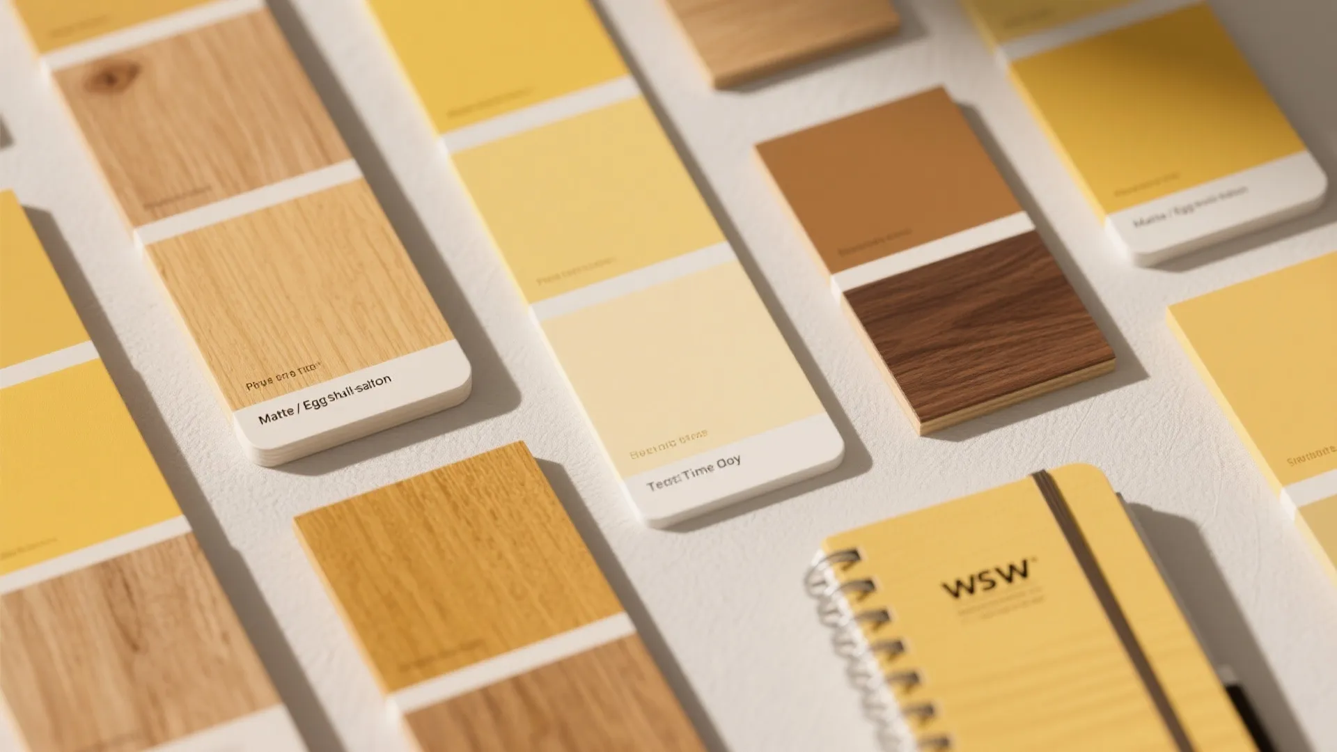 Flat lay of yellow paint swatches, wood samples and finish labels for testing undertones.