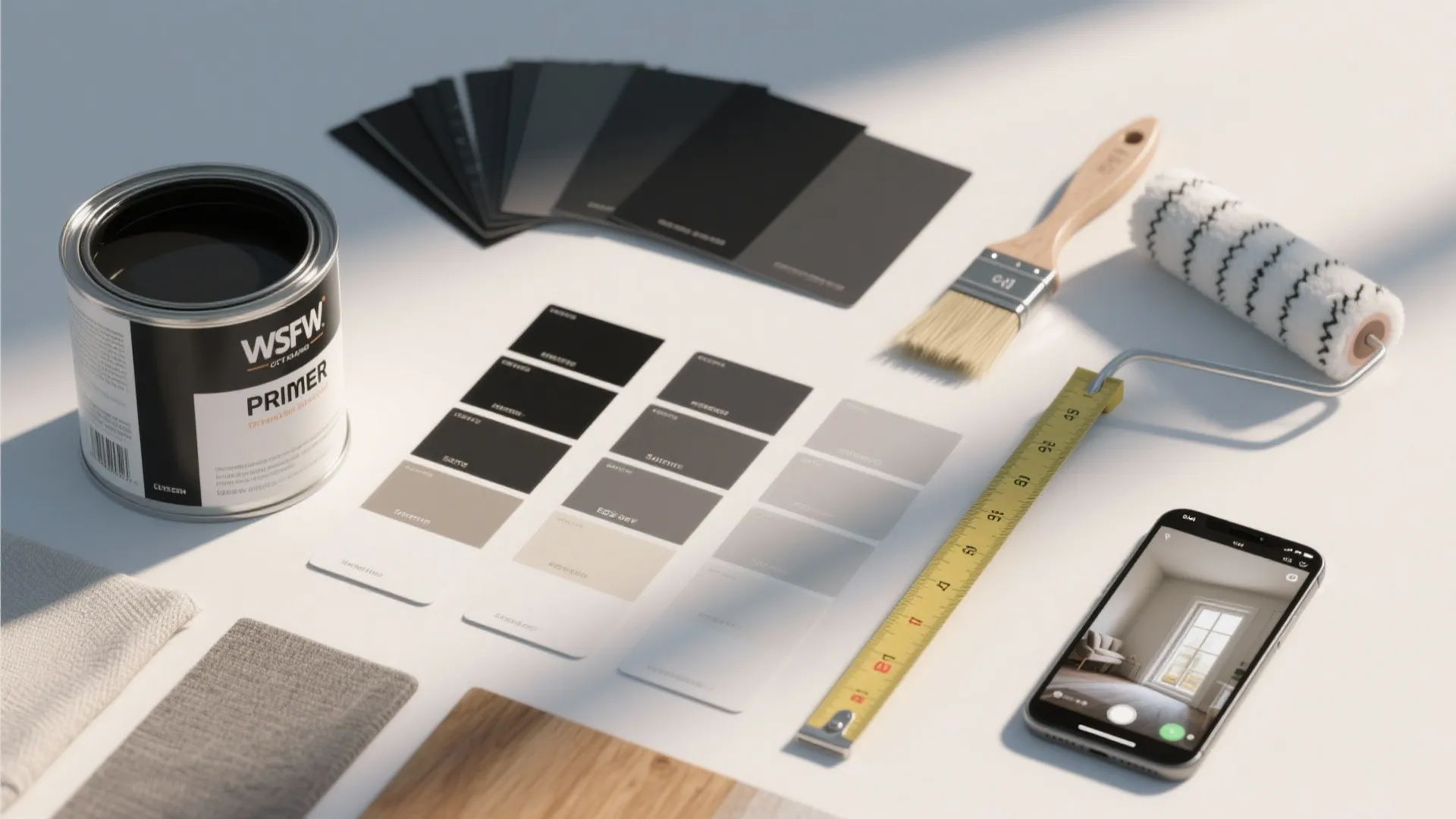 Interior design tools with paint can color swatches brush roller tape measure and smart phone