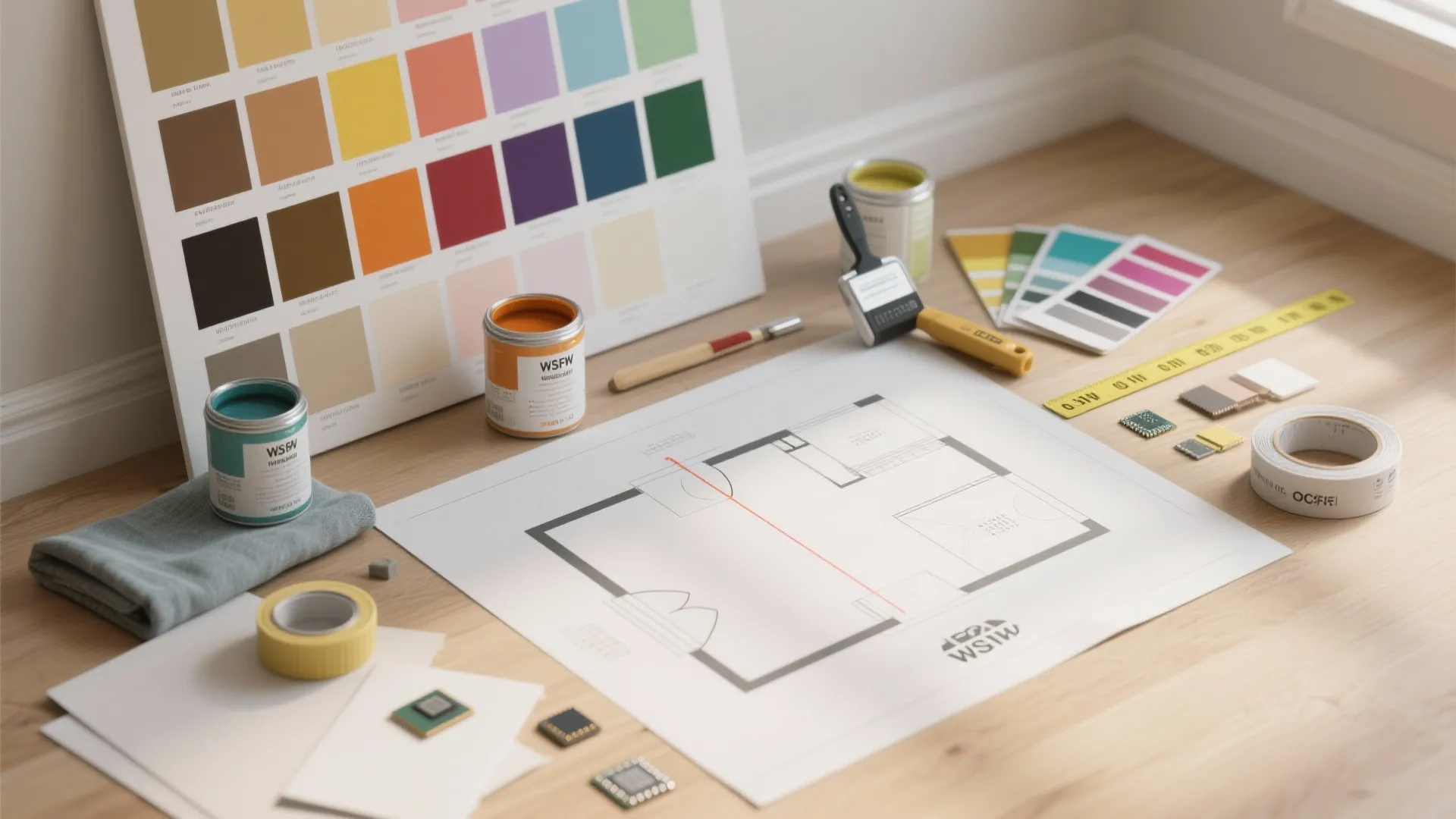 Interior design workspace with floor plan paint cans color charts and home renovation project tools