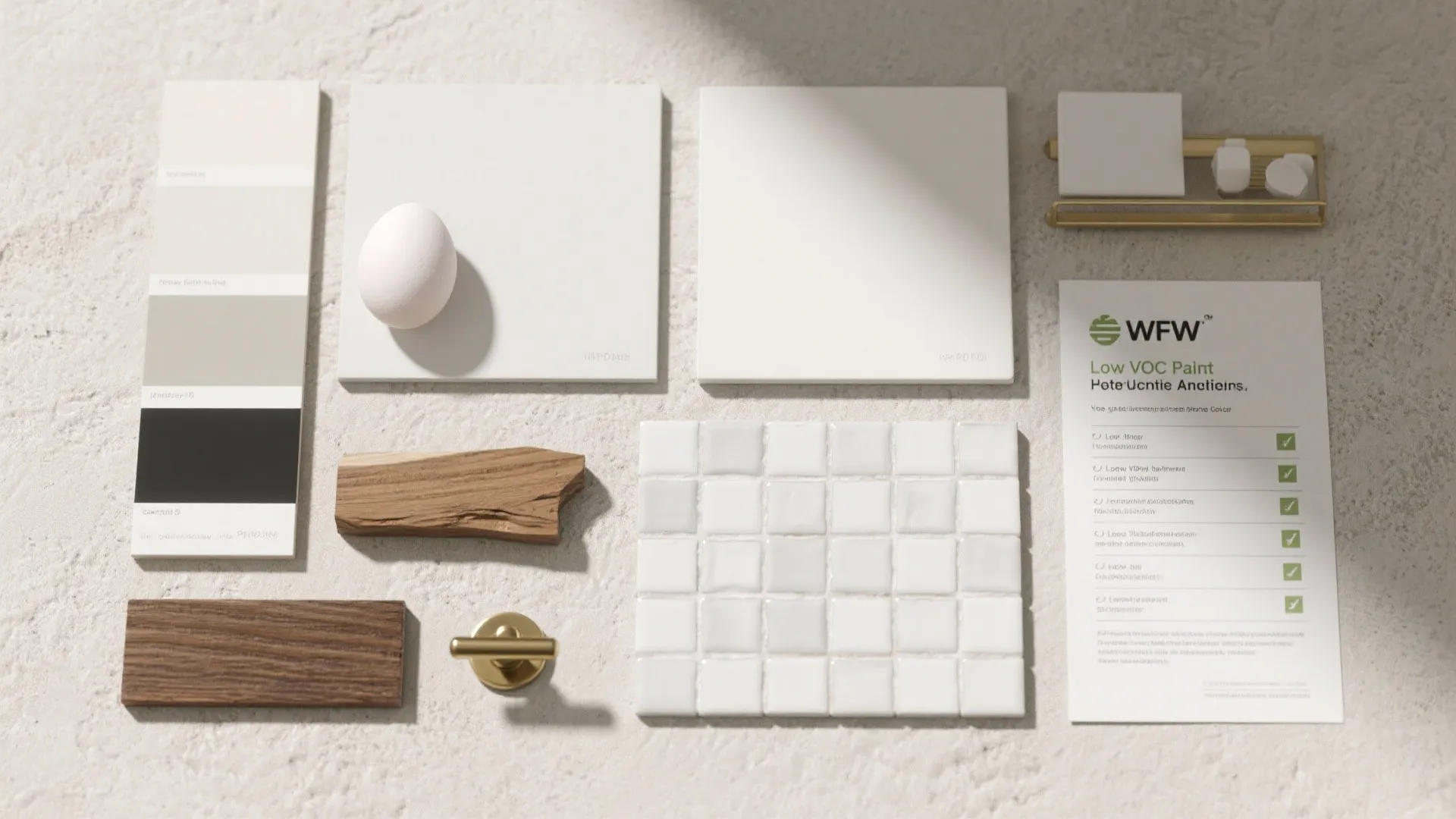 Material mood board featuring white paint swatches wood samples tiles brass handle and a color palette