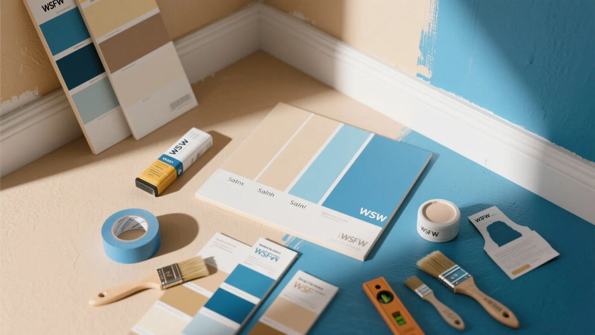 Blue and beige paint color samples with brushes and tape on the floor for painting