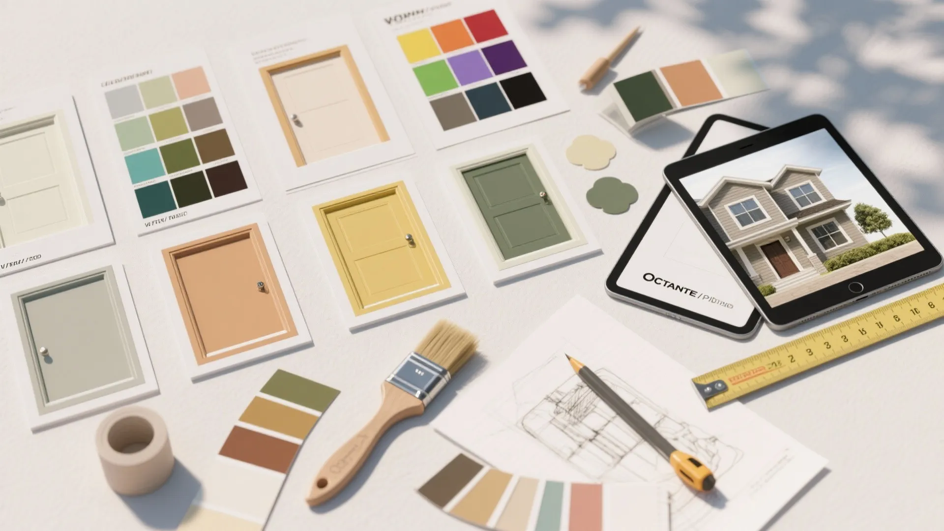 Top-down flatlay of paint chips, sample boards, brushes, and a tablet showing a facade mockup for testing colors.