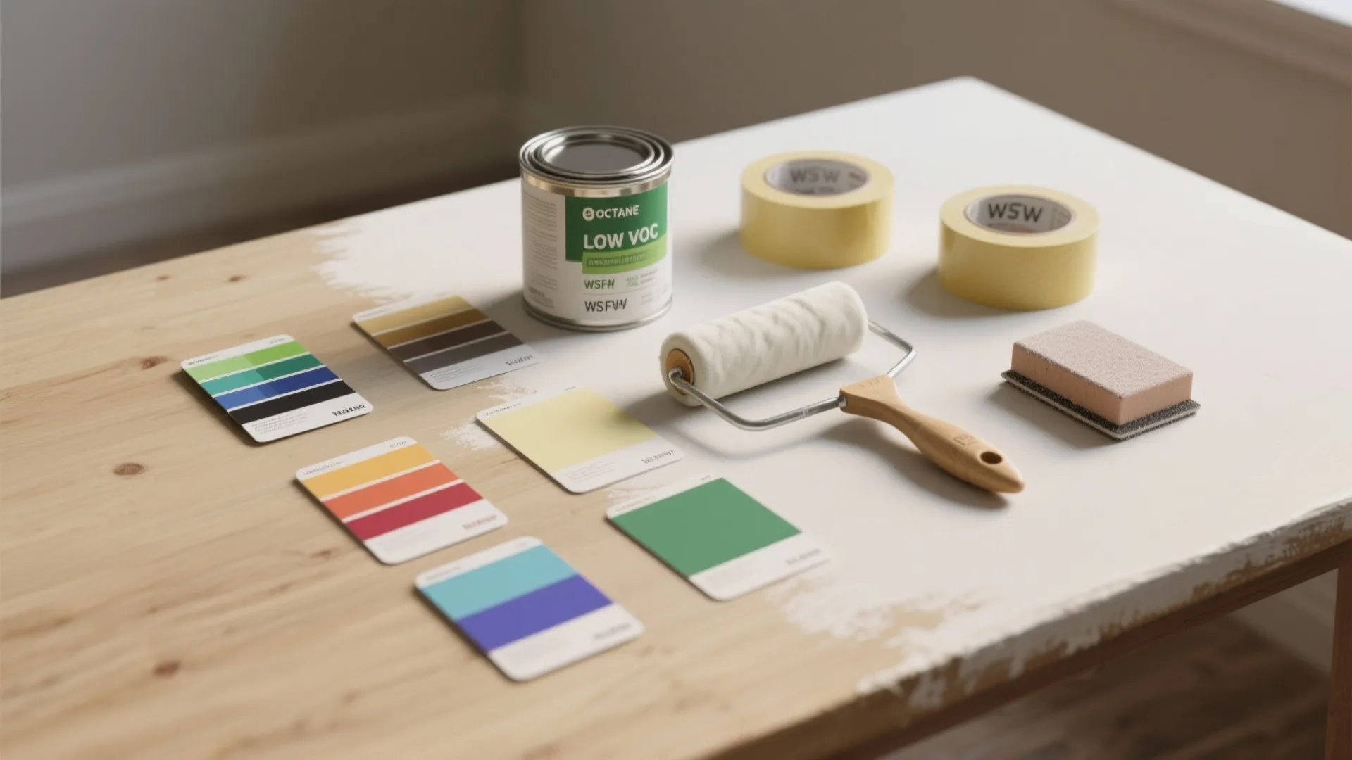 Home renovation tools with paint can roller tape sponge and colorful color swatches on wooden table