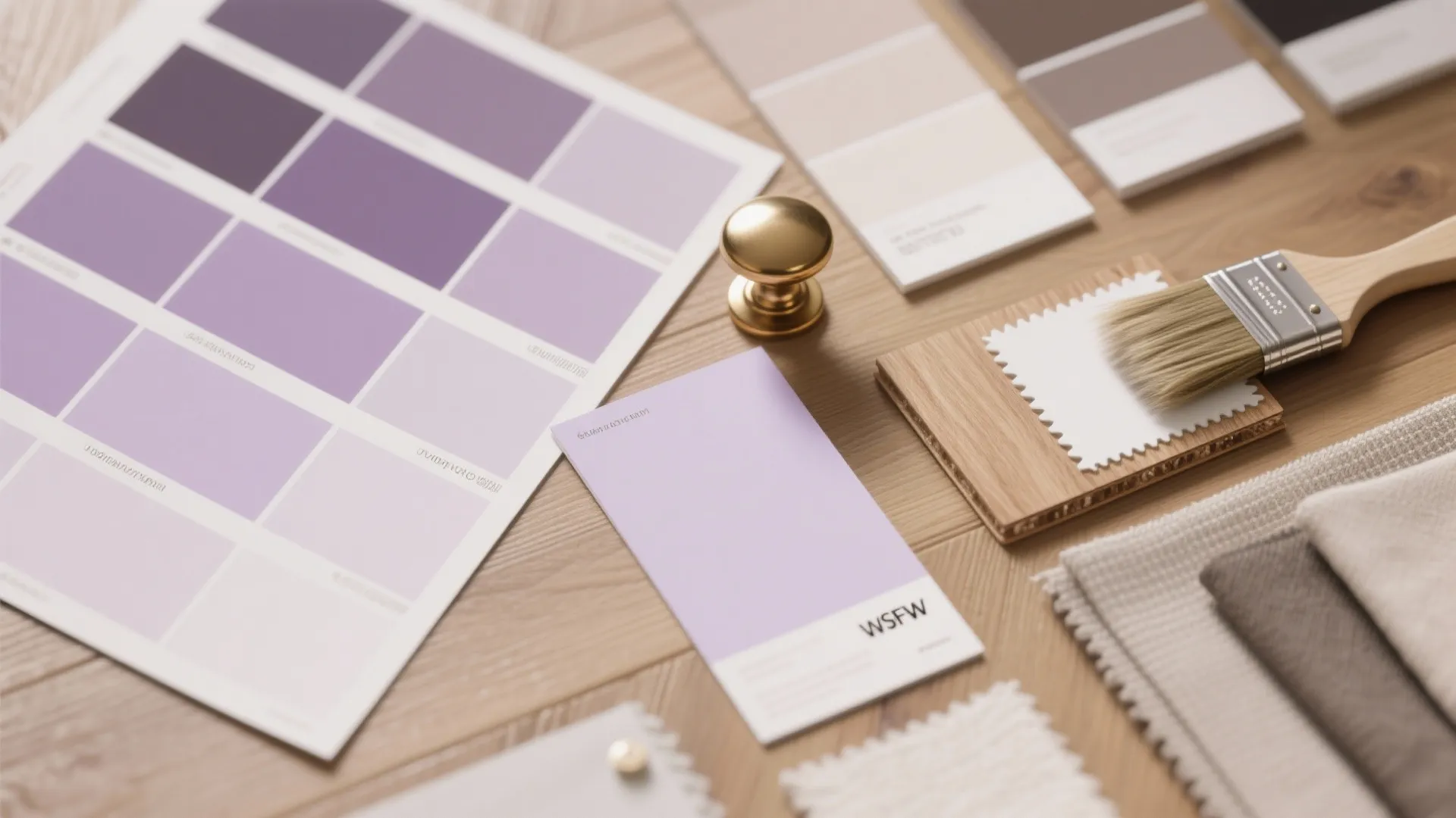 Top-down flatlay of pale purple paint swatches, wood sample and brass knob for material comparison.
