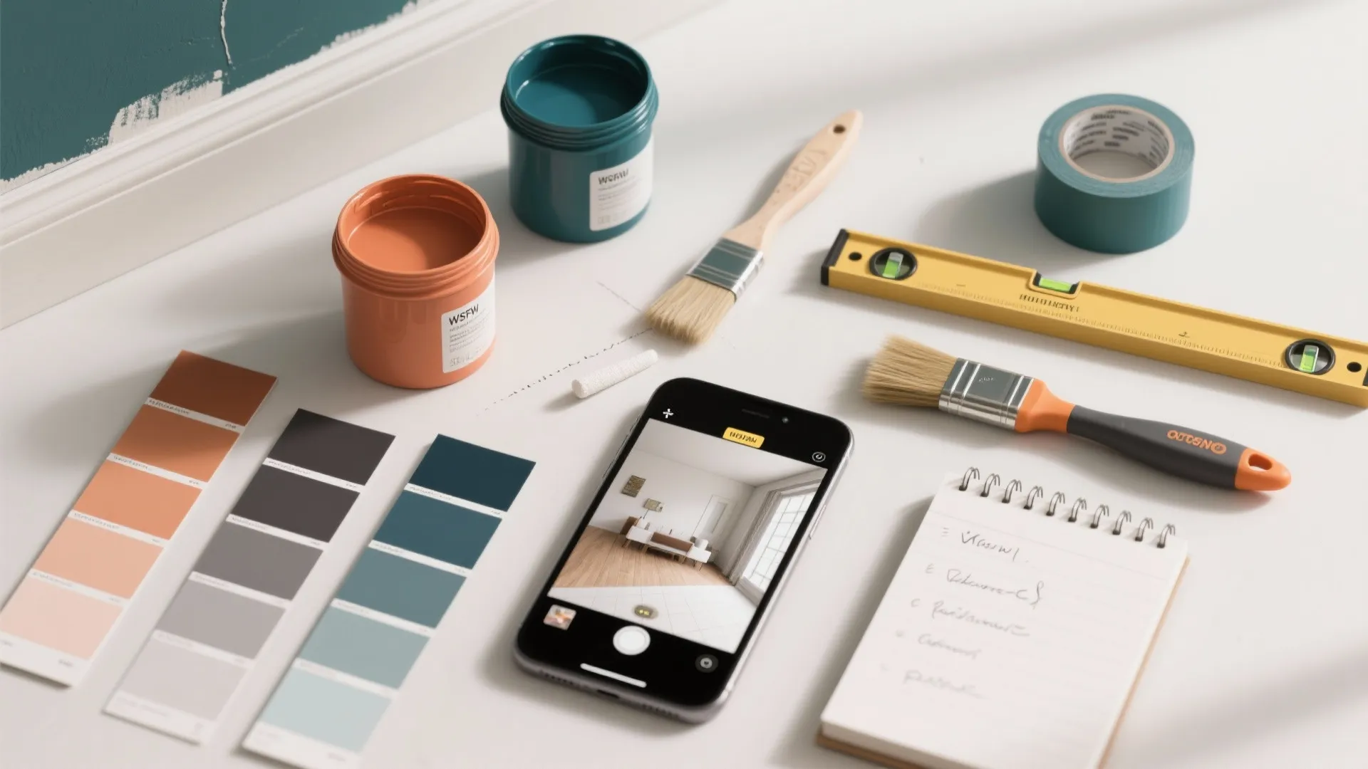 Paint cans, color swatches, brushes, level, and phone showing a room design on a table