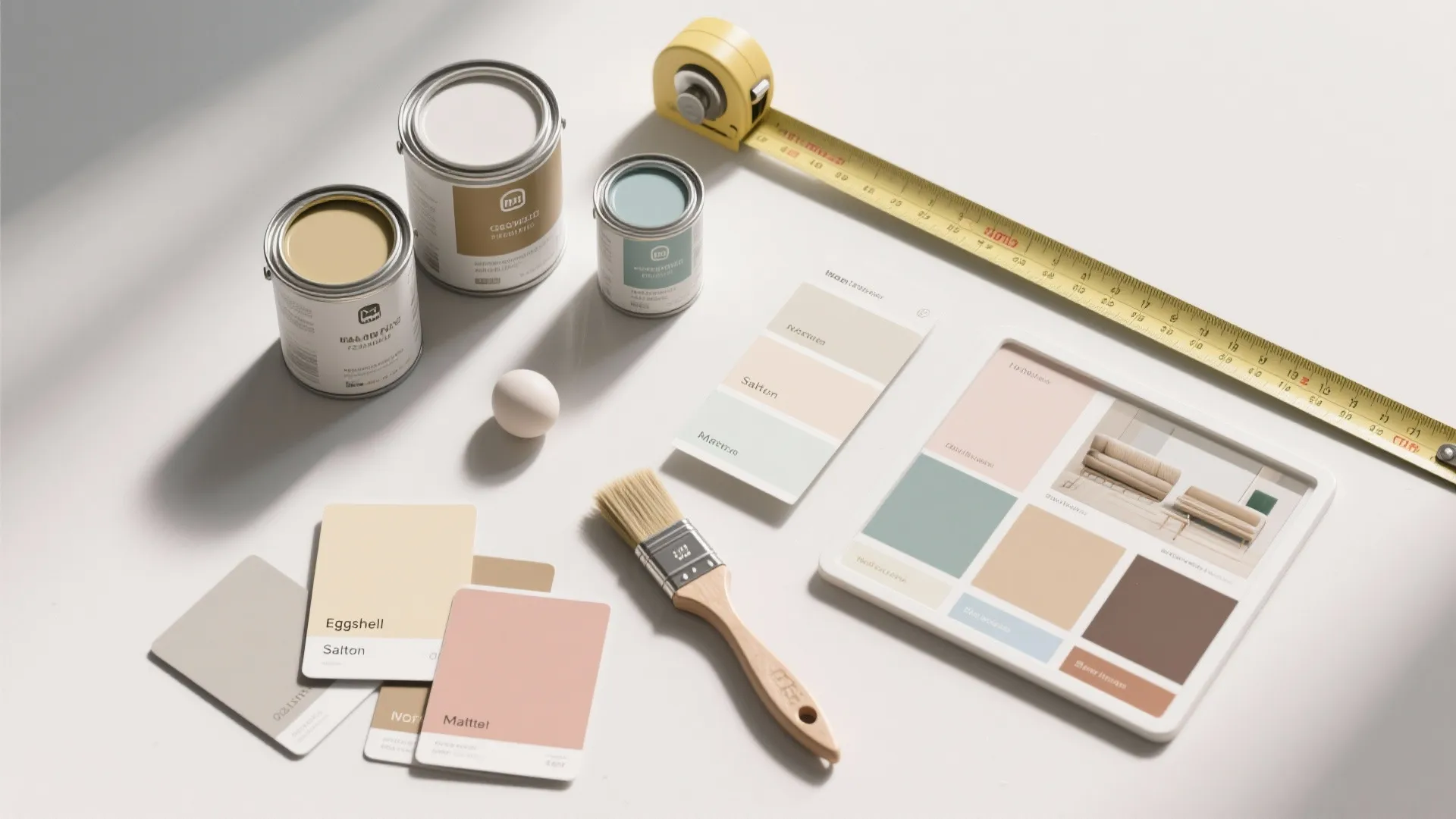Flatlay of paint swatches, finish samples, brushes and a mood board for choosing living room paint