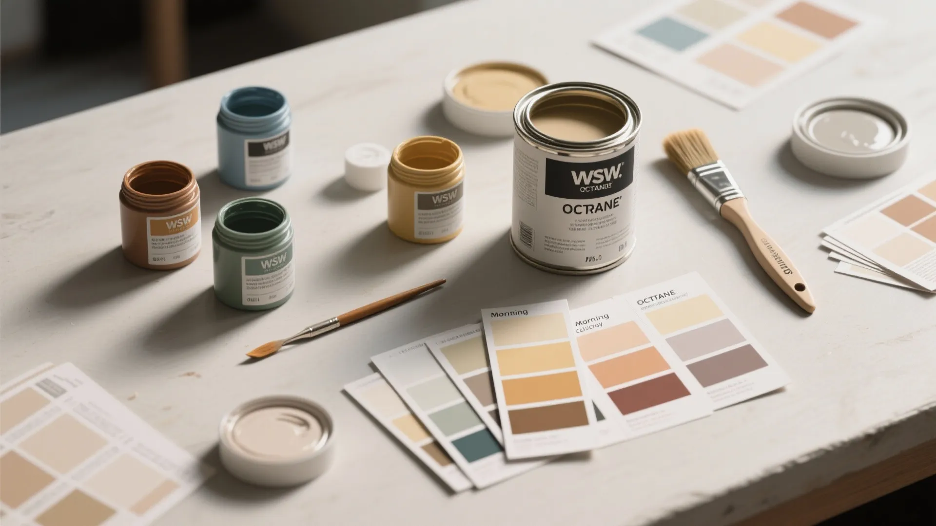 Top-down view of paint sample pots, swatches and brushes for testing exterior colors.