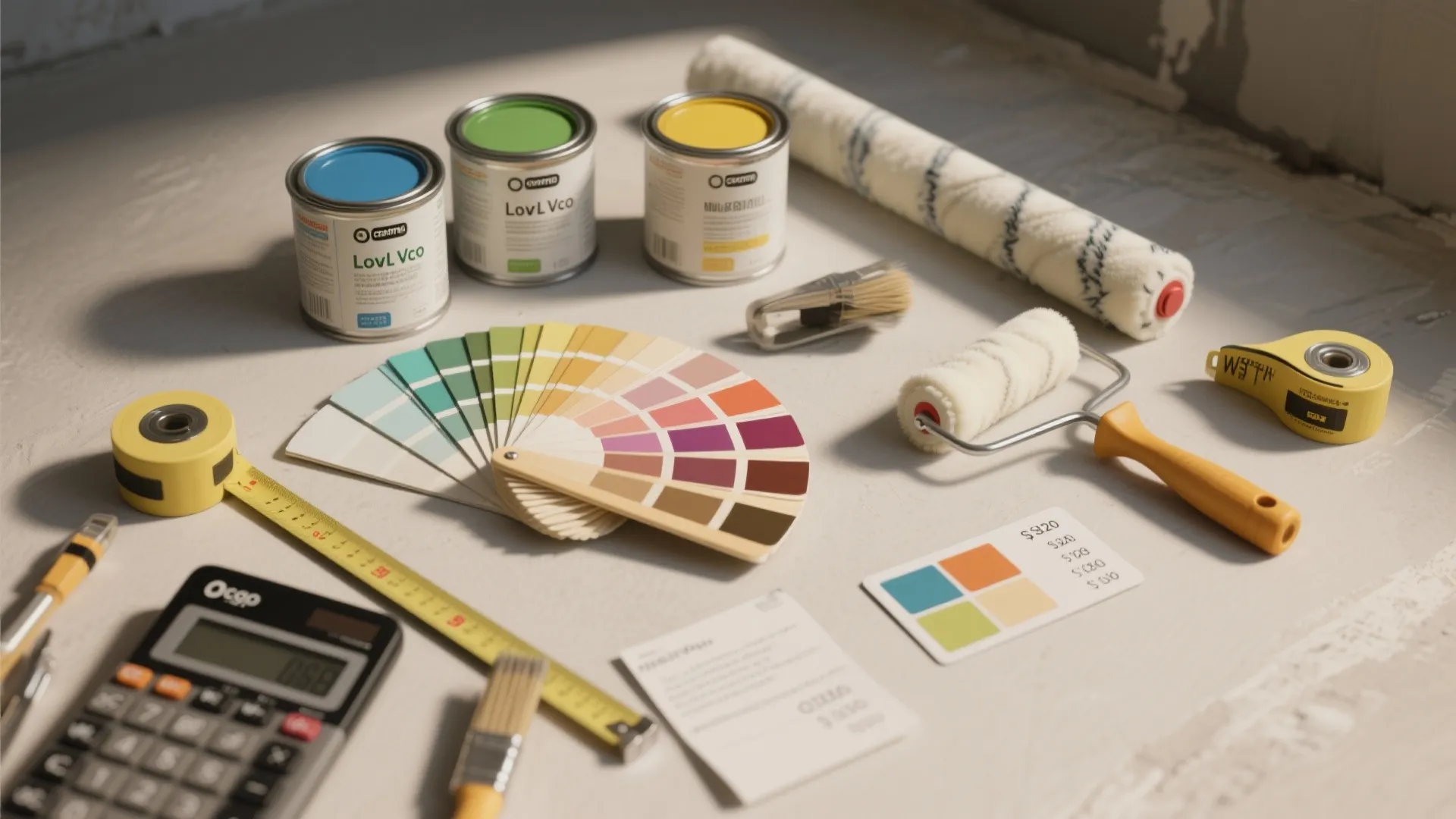 Flatlay of paint swatches, brushes, rollers, calculator and measuring tape for budgeting paint.