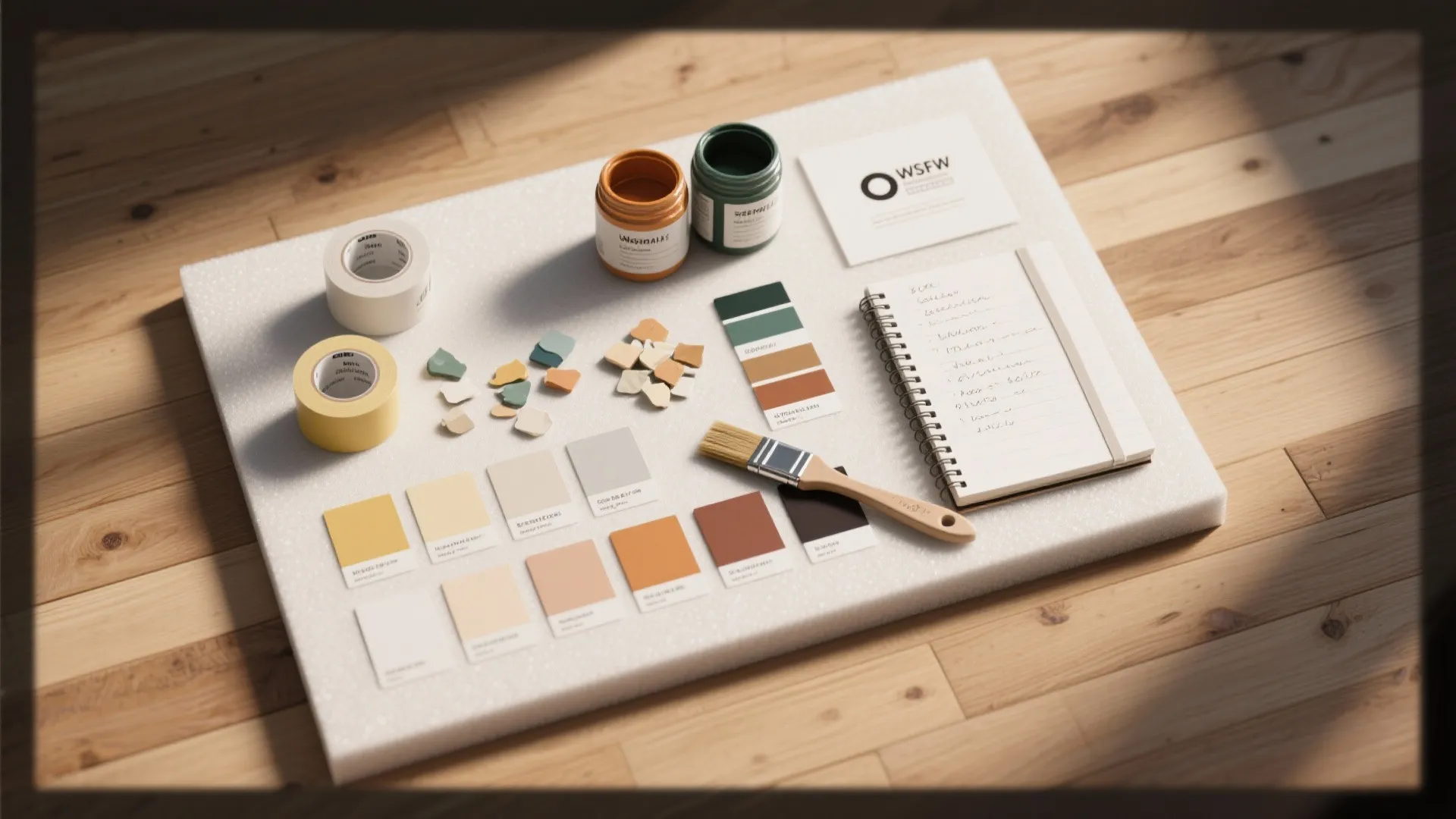 Interior design planning with paint color cards a notebook and a brush on a table