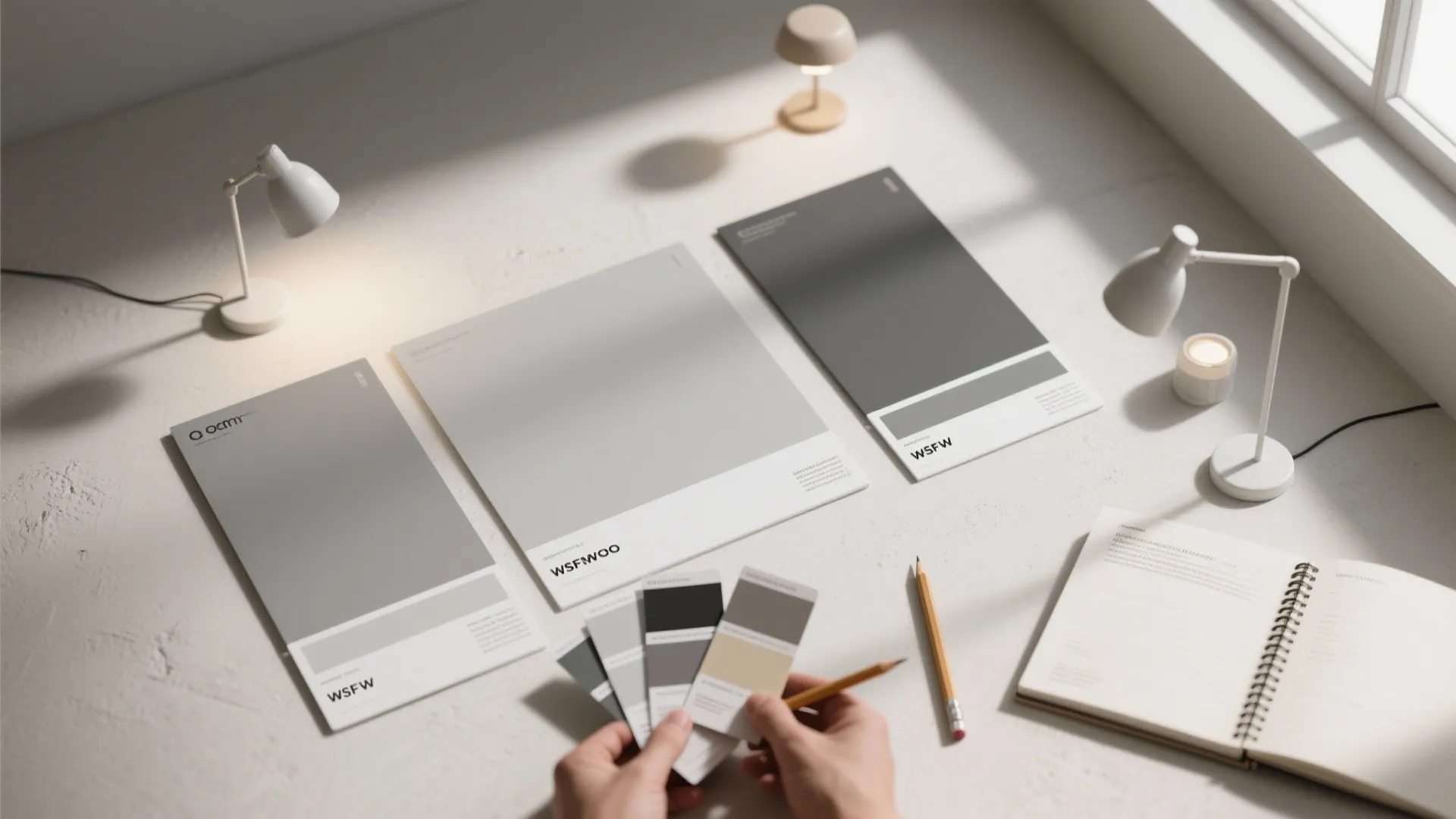Interior design drawing with grey paint color cards on a desk with lamps and notebook