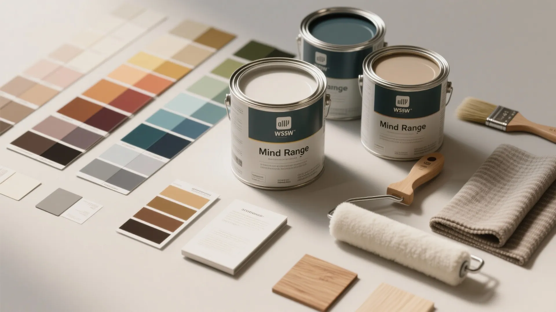 Paint cans with colorful wall swatches and a paint roller used for home interior decoration