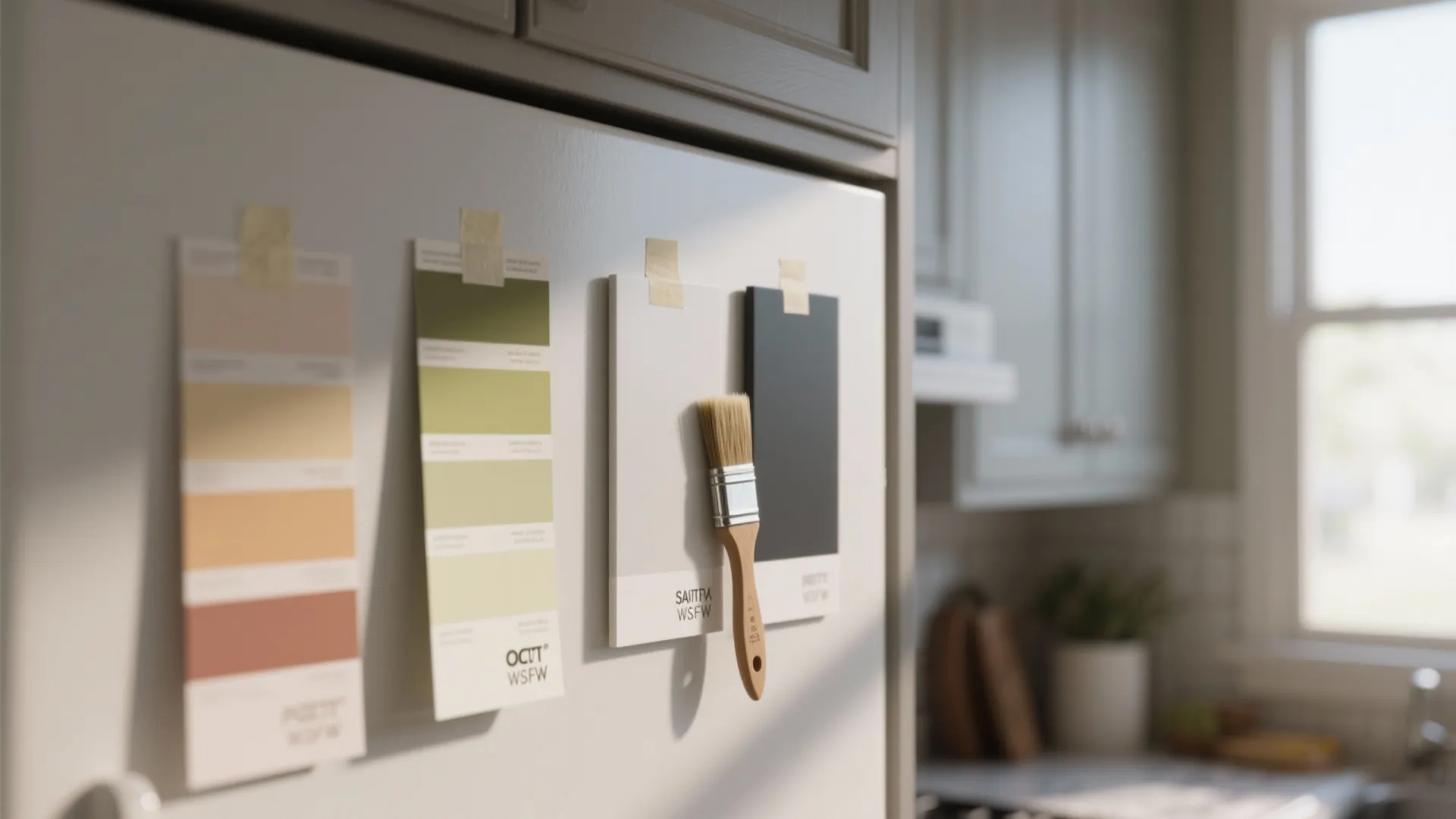 Color paint swatches and small wood brush taped to a white kitchen wall for home renovation