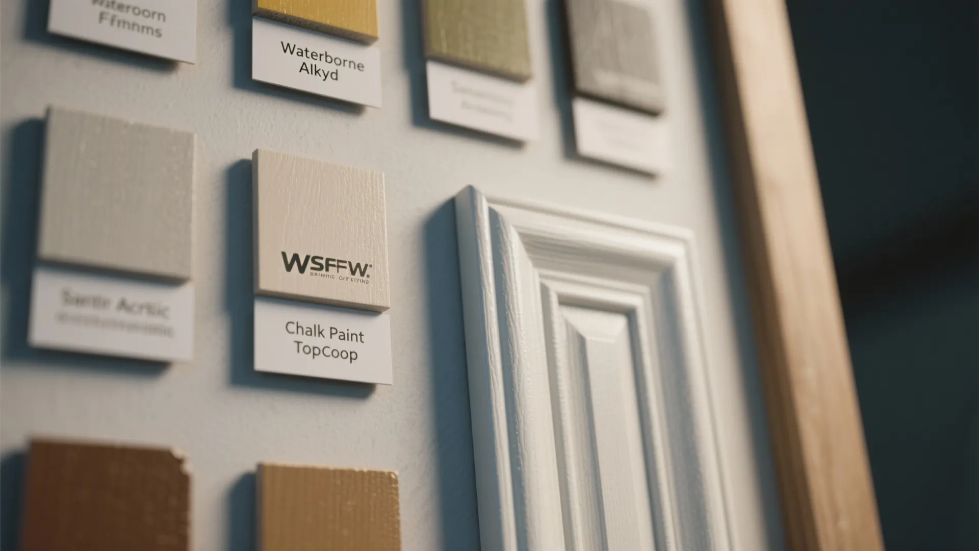 Paint swatch board labeled with different cabinet finishes and a sample door edge for FAQ reference