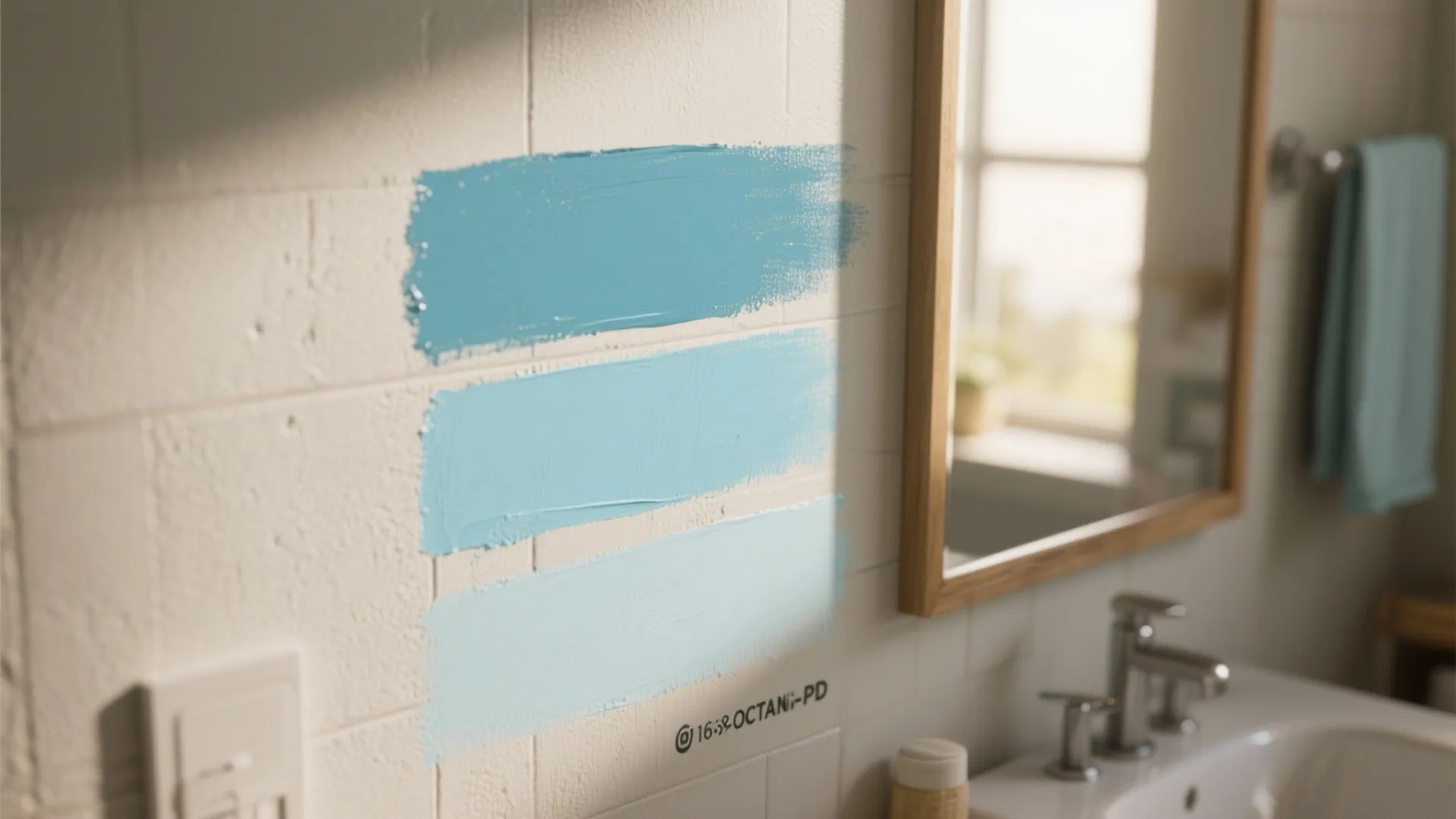 Bathroom wall with three different light blue paint samples applied to the white tiled surface
