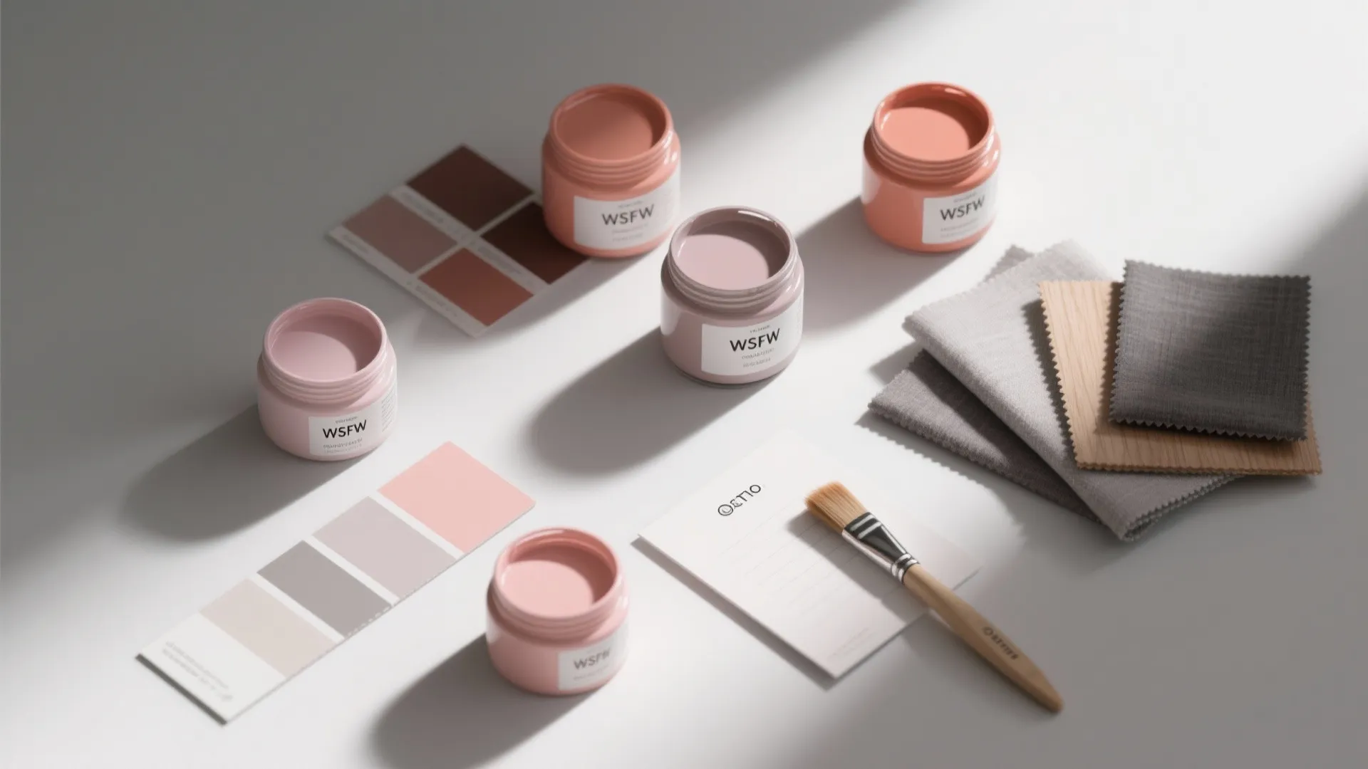 Interior design mood board with pink paint jars color swatches fabric samples and small brush