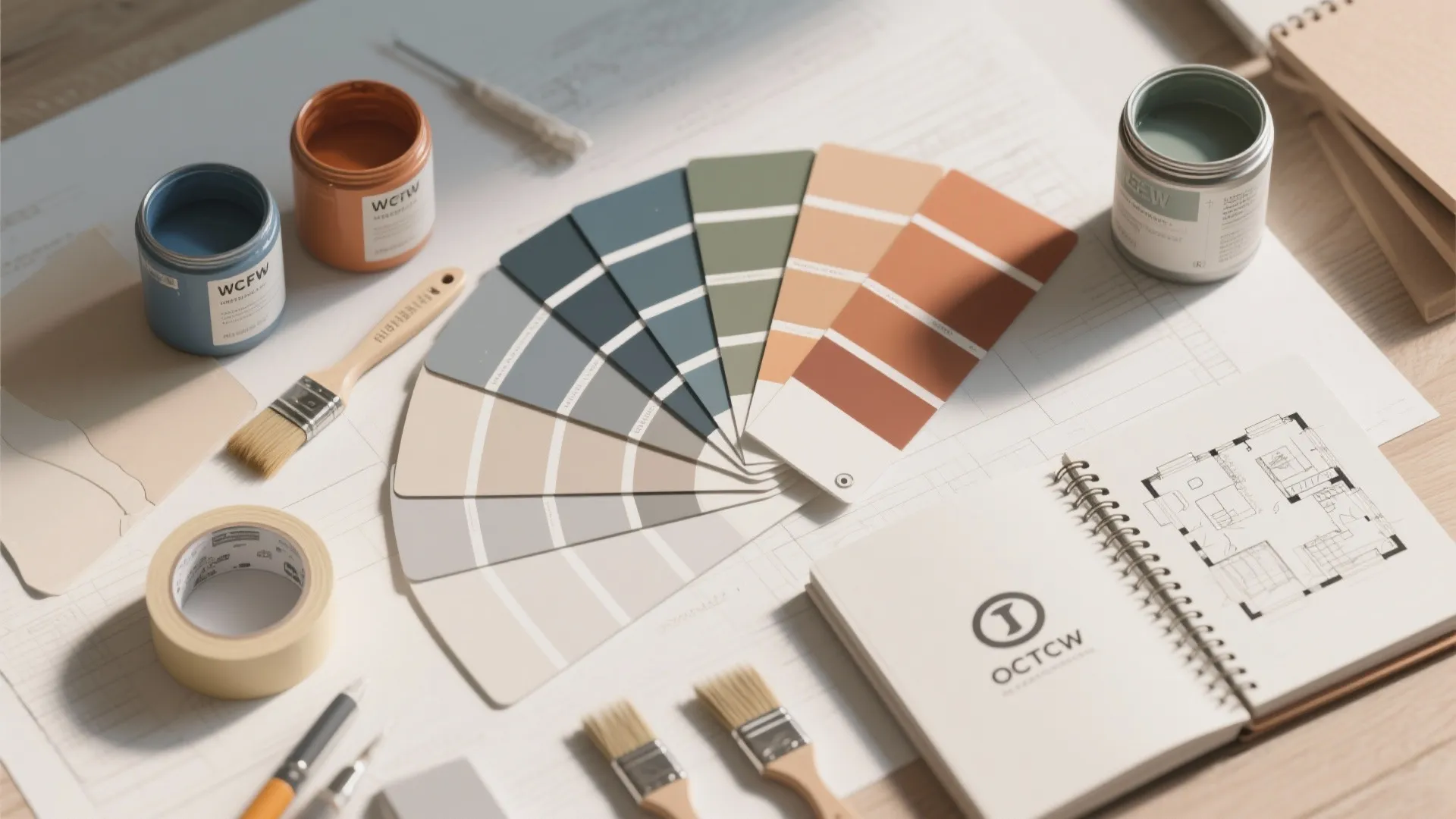 Interior design drawing with paint color samples brushes and paint cans on a white wooden table