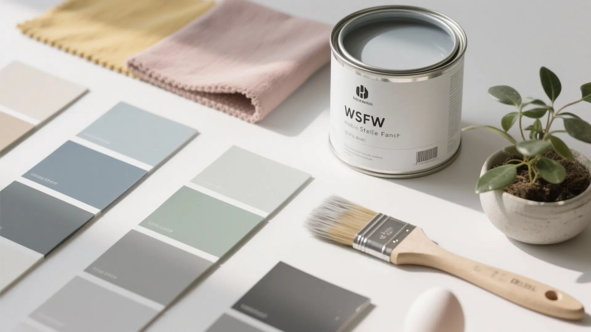 Interior design flatlay with paint can color swatches wooden brush fabric samples and small plant
