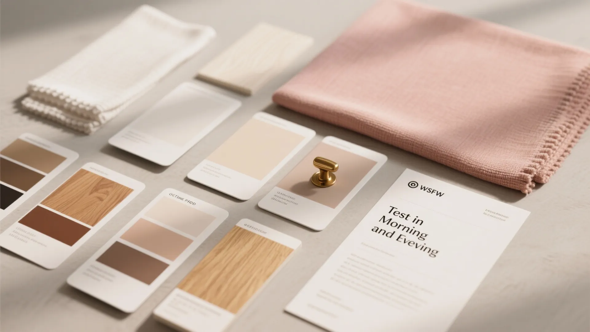 Interior design mood board with pink fabric wood samples color swatches and a gold handle