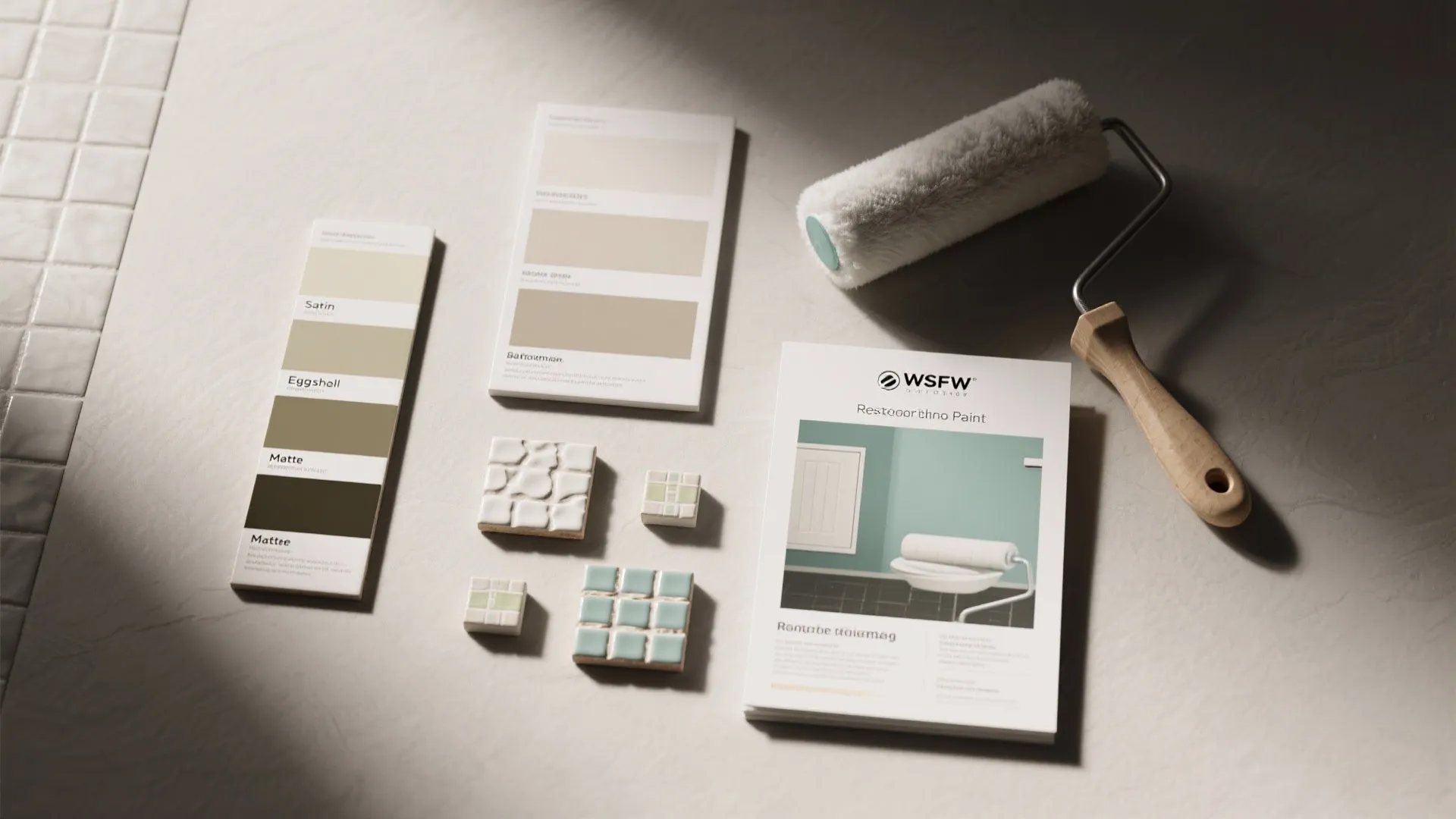 Interior design mood board with various paint swatches small tiles and a white paint roller