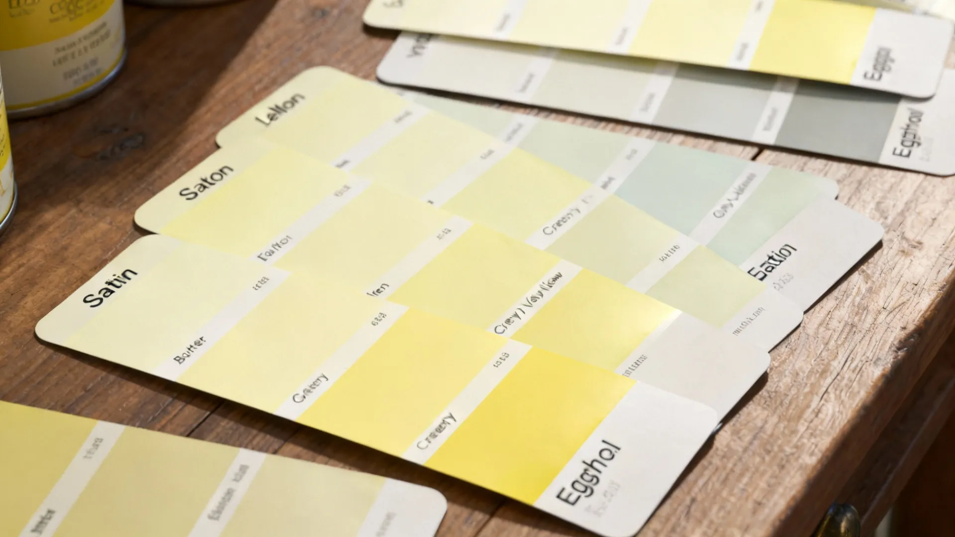 Top-down of paint swatches showing light yellow variations, satin and eggshell finish samples on wood.