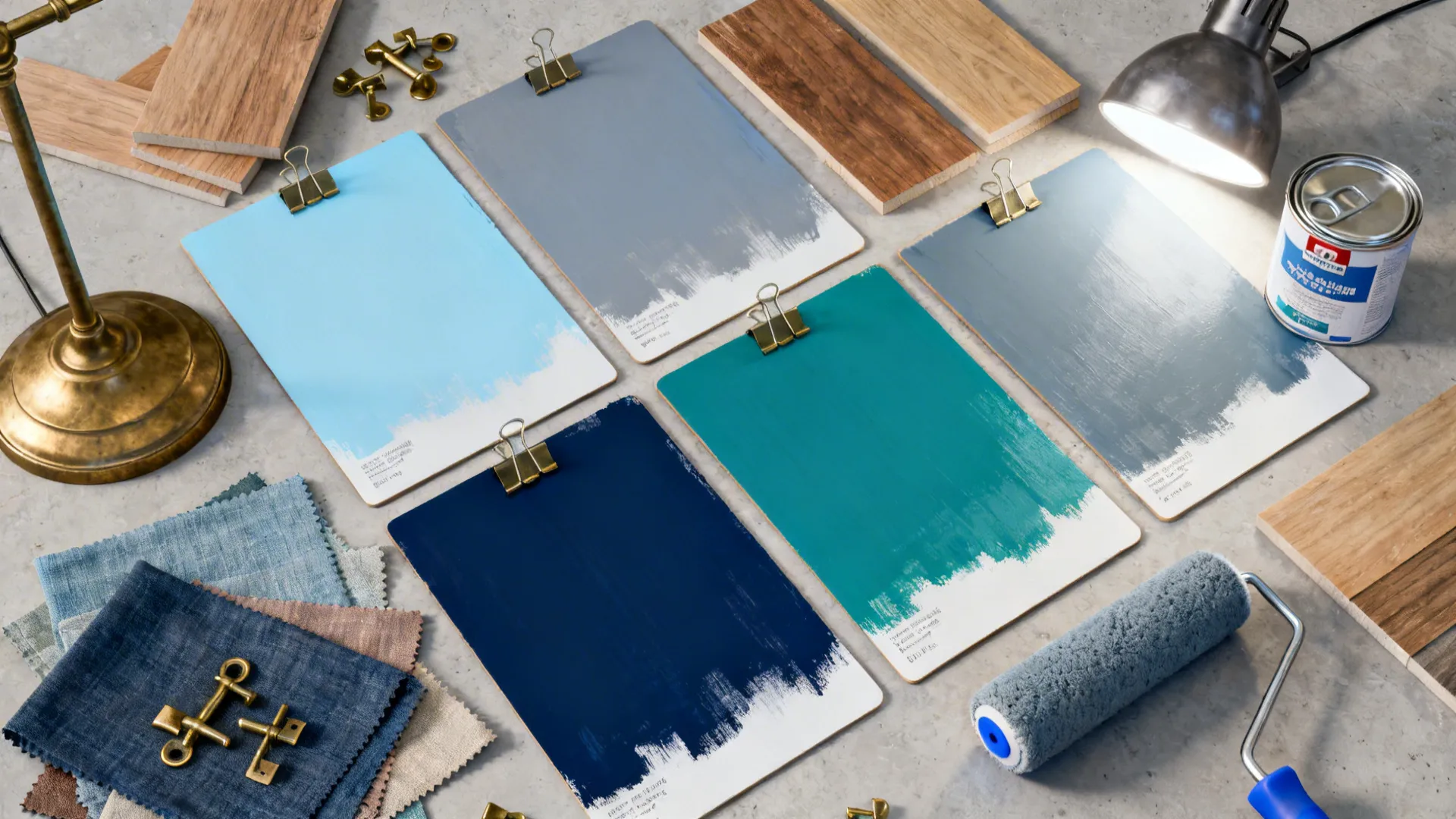 Top-down flatlay of painted swatches, fabric samples and wood tones for testing blue paints.