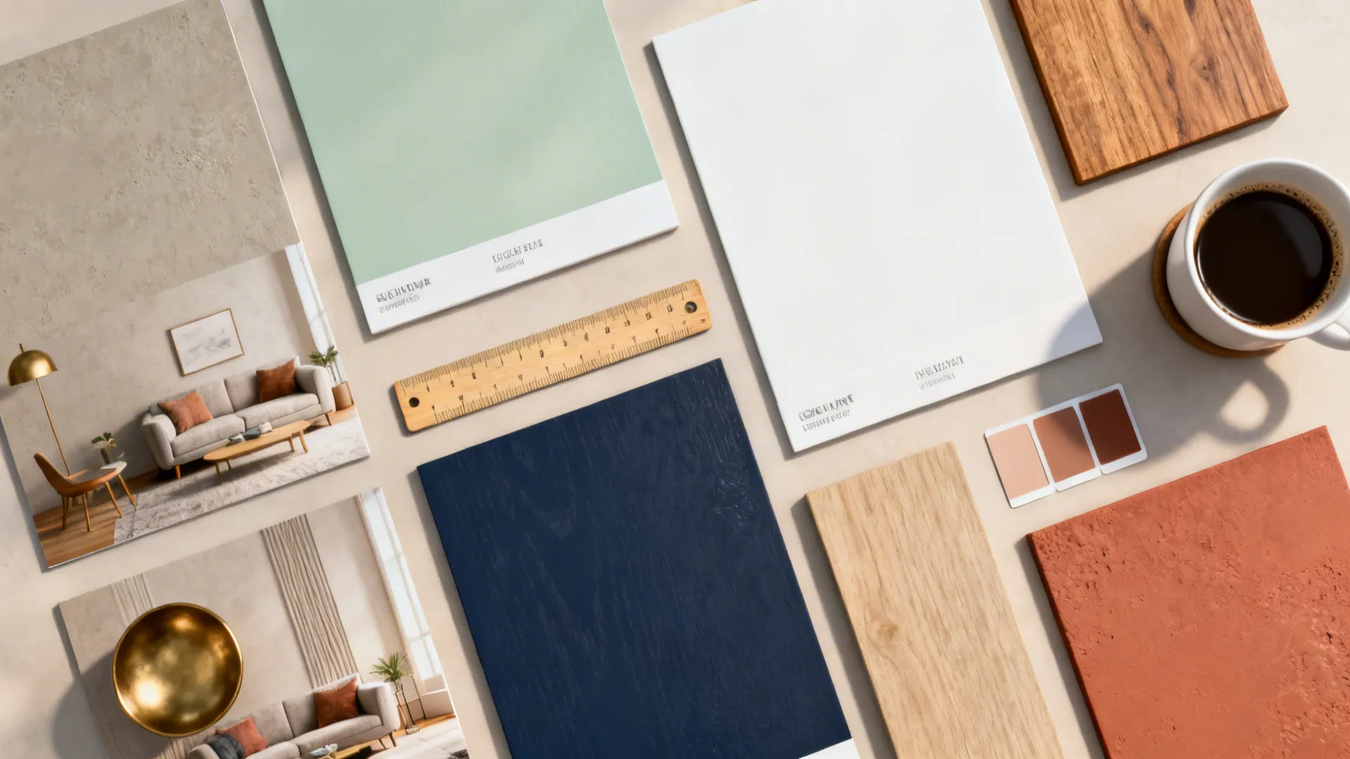 Flatlay of paint chips and material swatches for greige, sage, warm white, navy and terracotta.