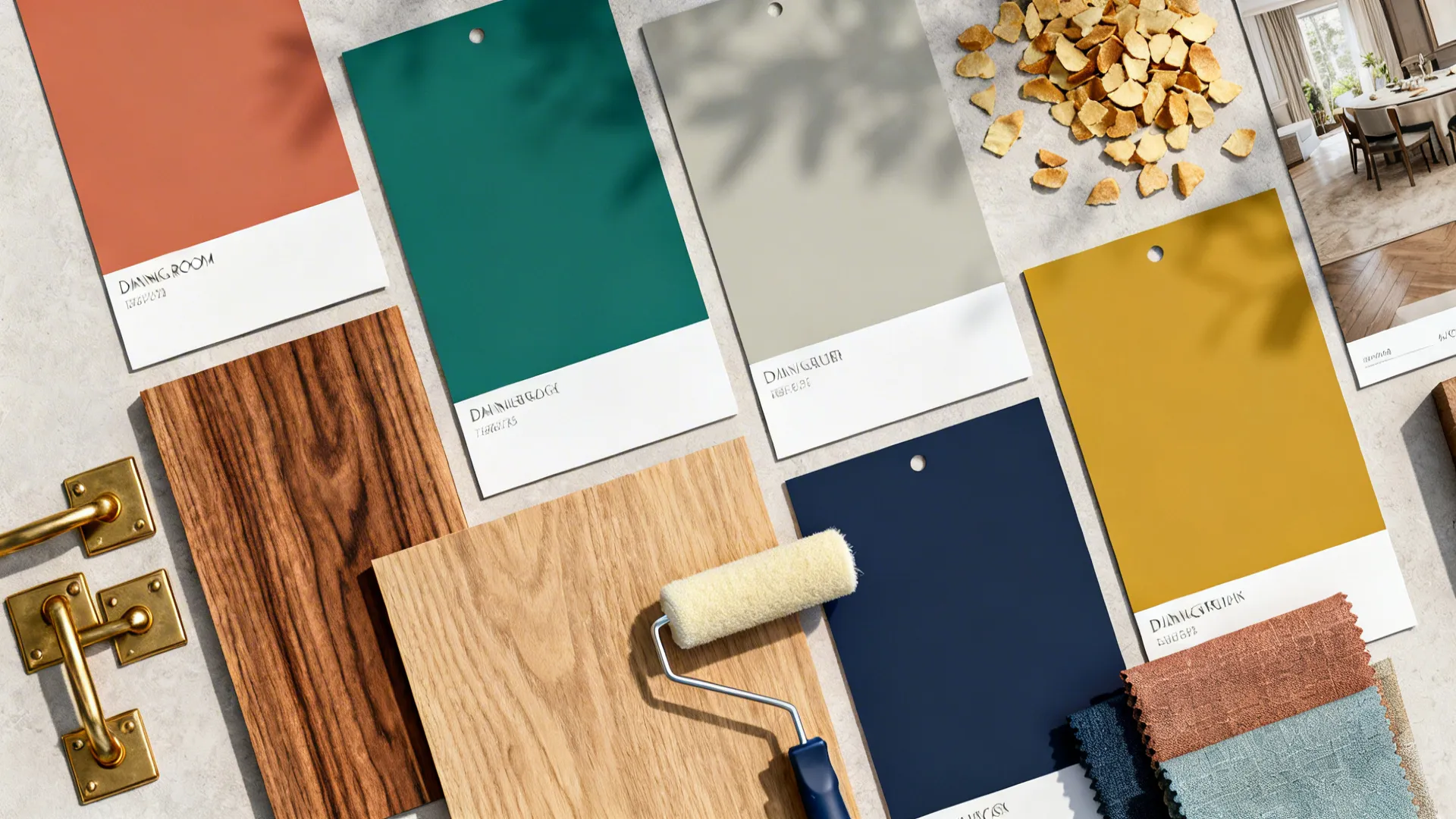 Interior design mood board with colorful paint swatches wood samples paint roller and brass handles