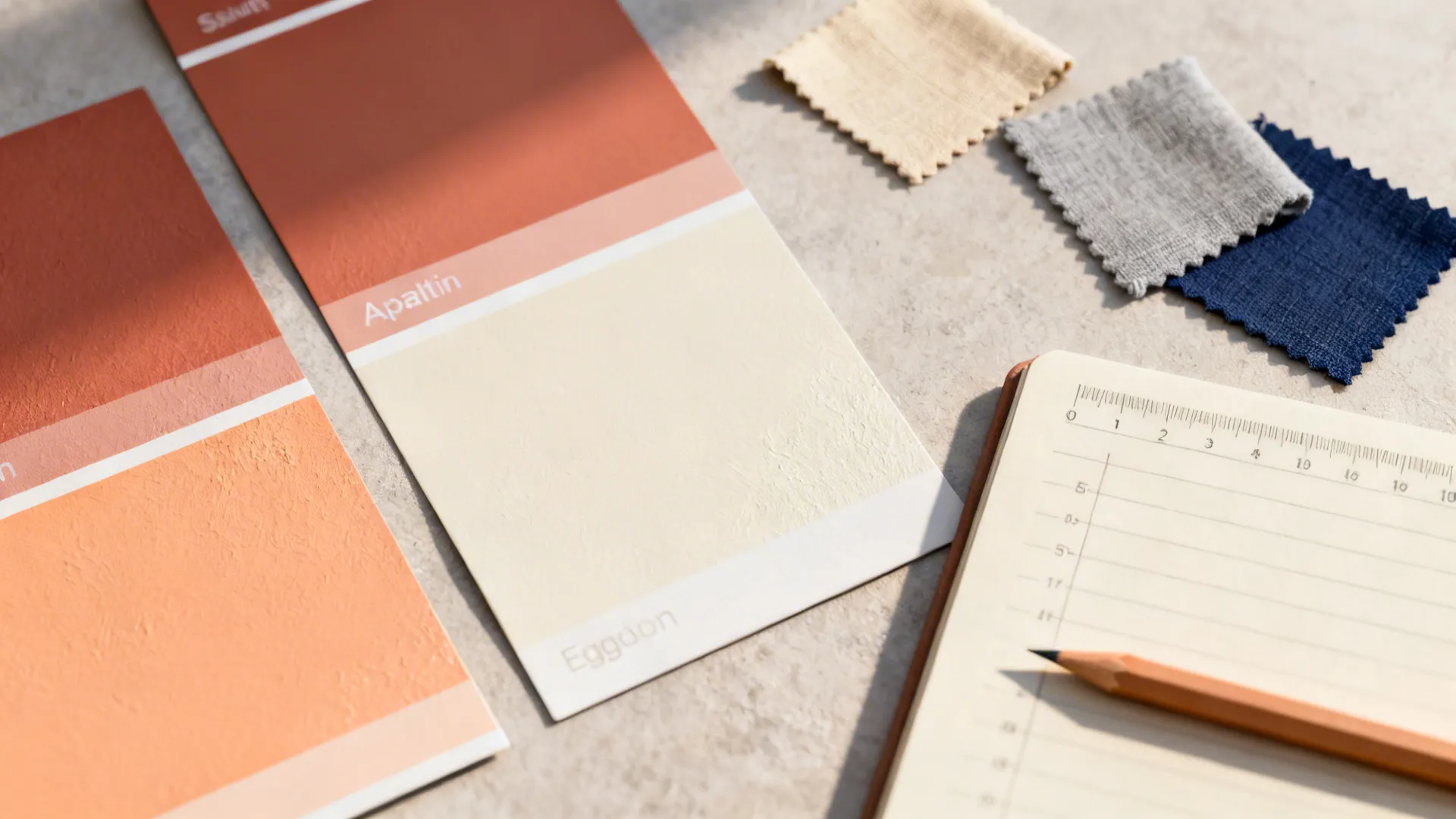 Top-down flatlay of orange paint swatches, fabric samples, and notes for choosing an accent wall.