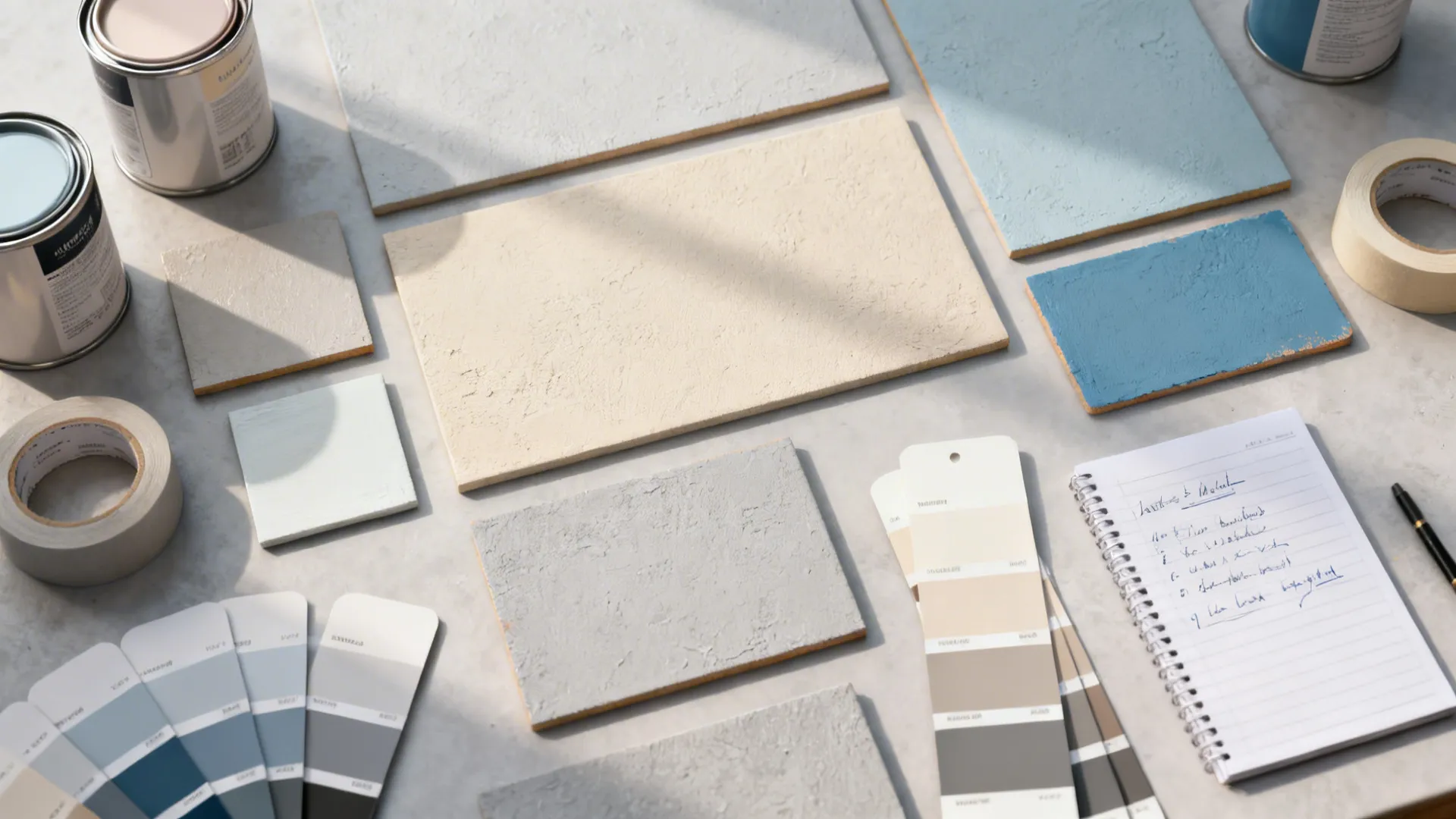 Top-down flatlay of paint swatches and sample boards for testing undertones in different light.