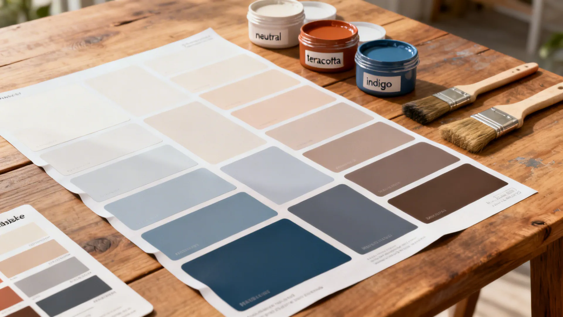 Top-down flatlay of large paint swatches, brushes, and sample pots for testing colors in a small room.