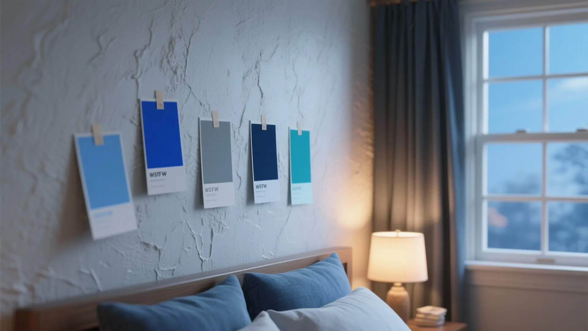 Paint swatches of five blue shades on a bedroom wall shown under daylight and evening lamp light with fabric samples.