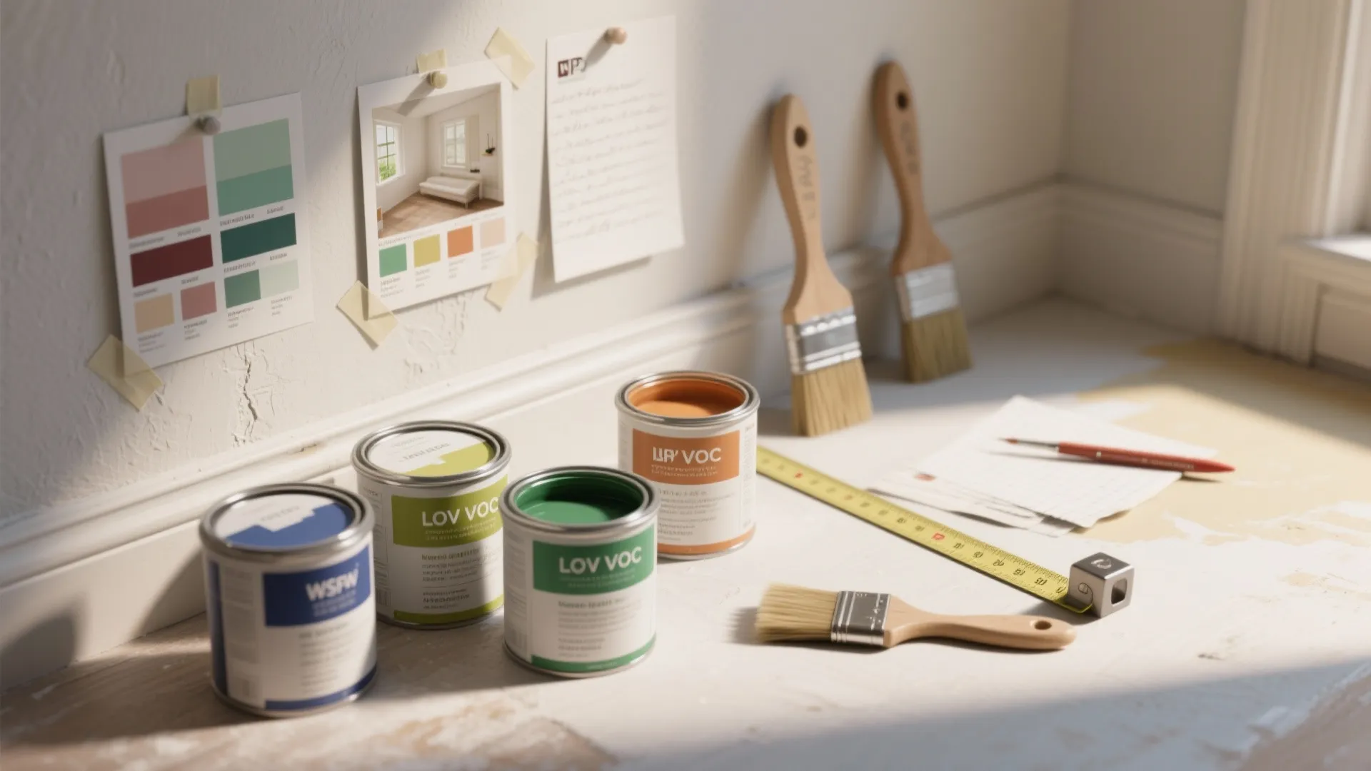 Different colored paint cans and brushes on a workbench with wall swatches and measuring tools