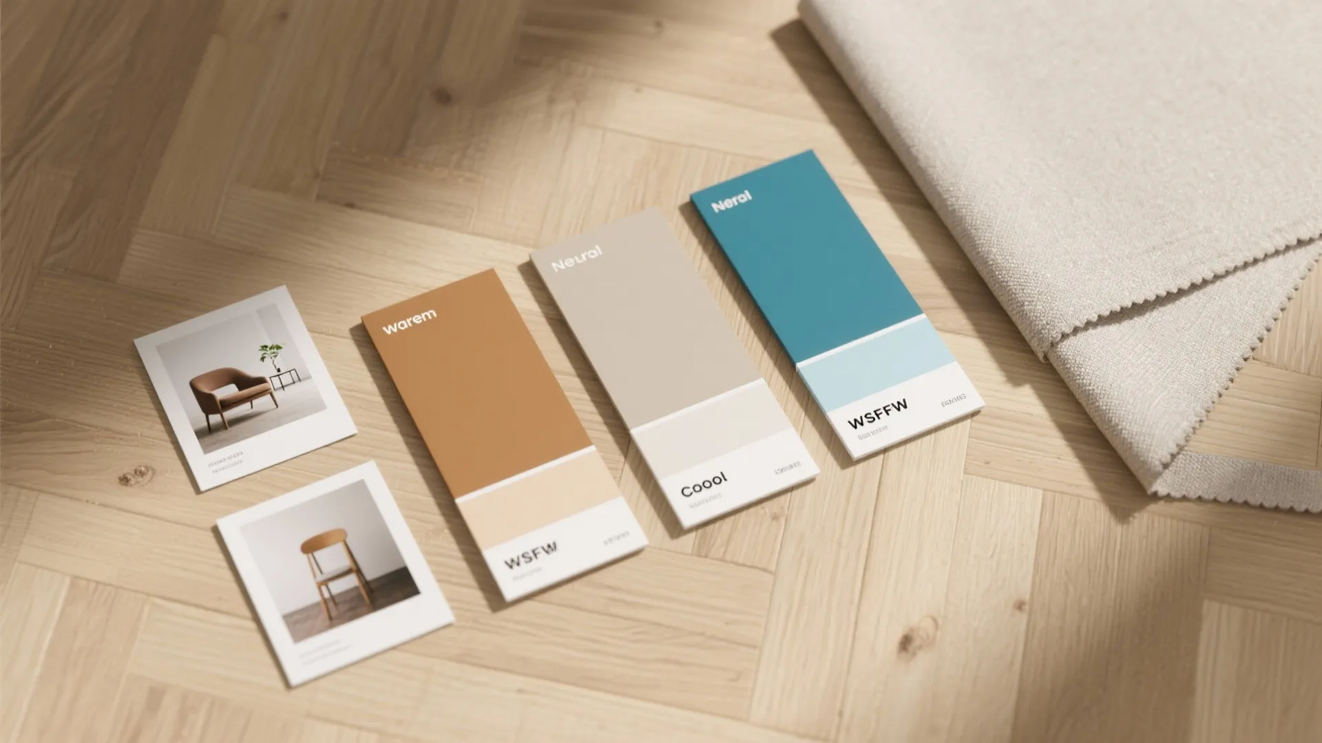 Color paint swatches and furniture photos on wooden floor with fabric sample for interior design