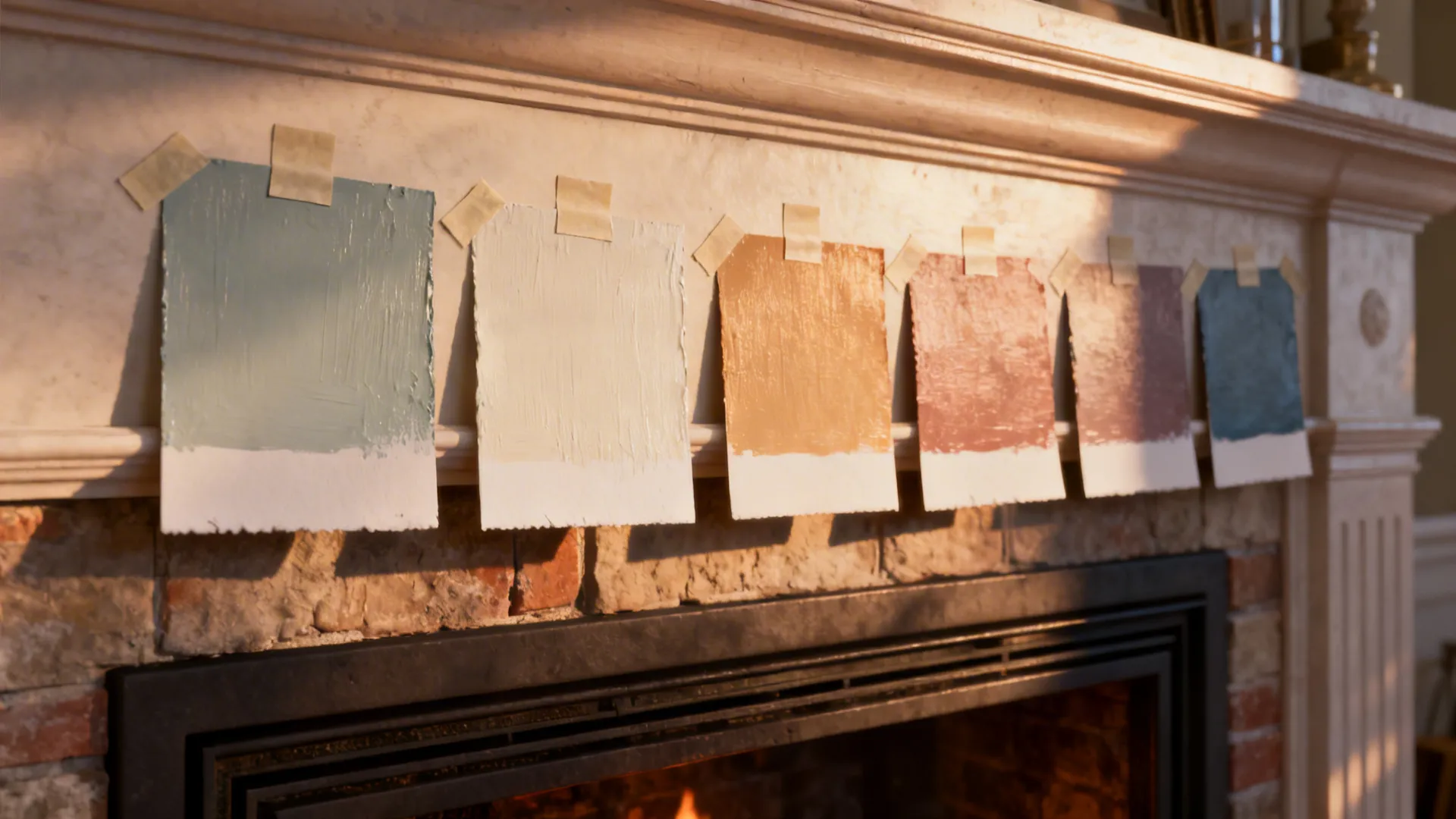 Paint swatches on a fireplace wall showing color variation under natural light.