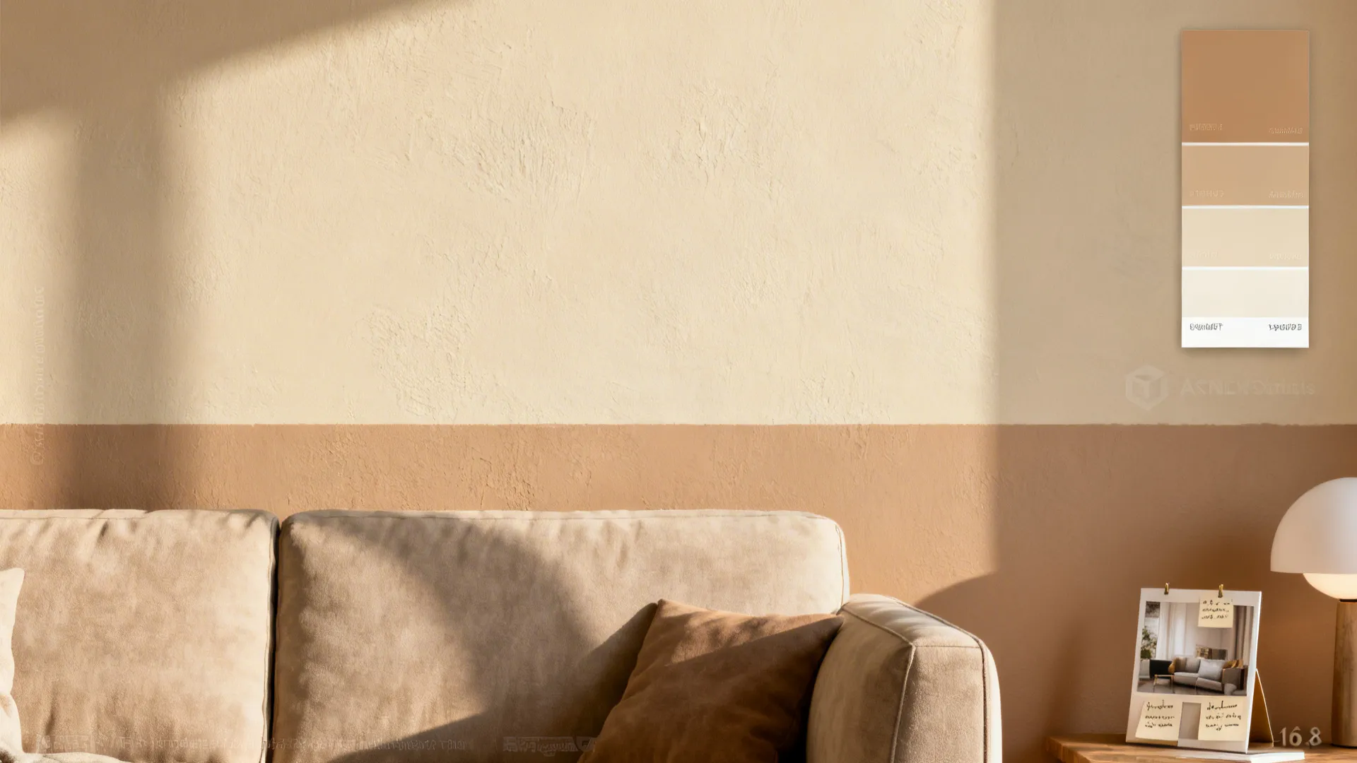 Paint swatches on a living room wall showing a warm neutral and a slightly deeper accent for depth.