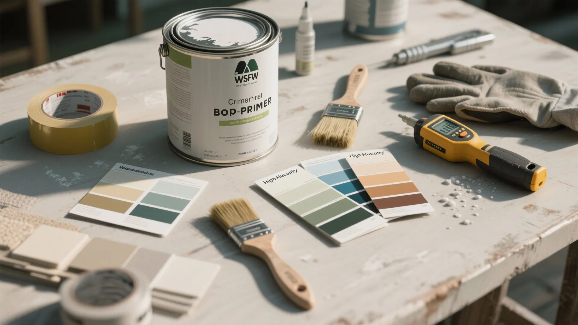 White paint can with brushes color swatches tape and measuring tools on a wooden table