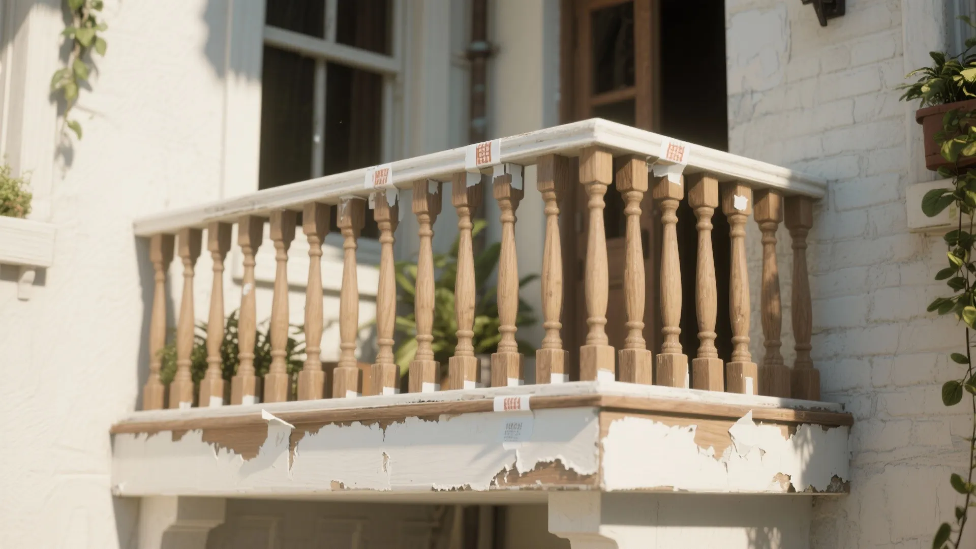 Exterior house balcony with wooden railing and white brick walls showing paint preparation work progress