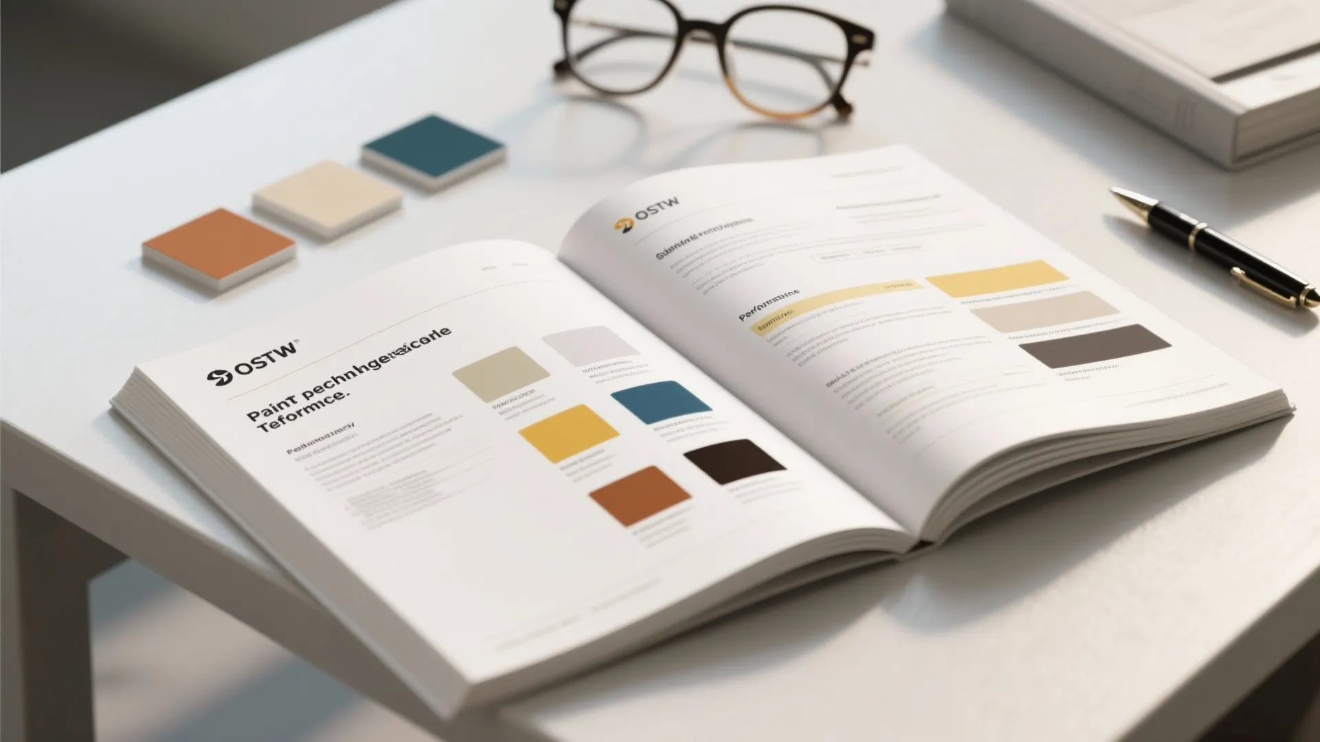 Open book showing paint color options on a white desk with glasses and a pen