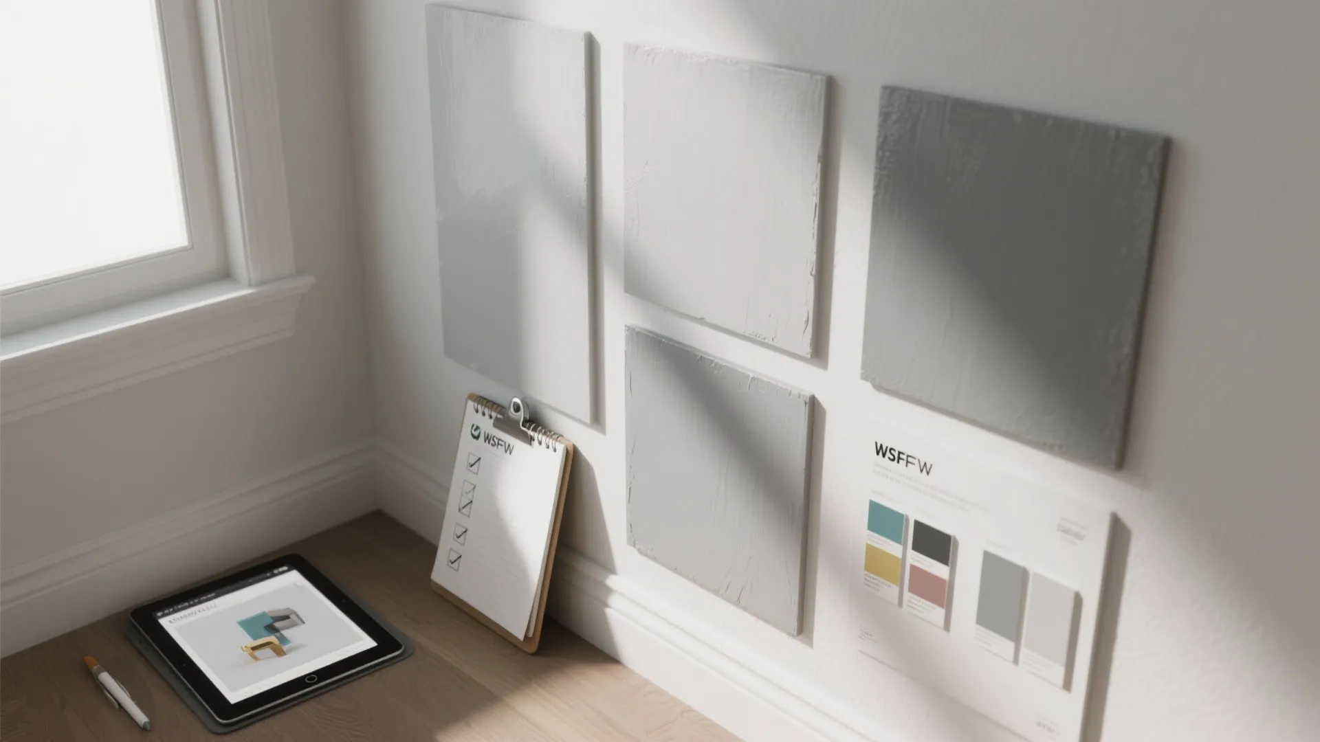 Top-down view of three large wall paint samples, checklist and tablet showing a 3D render for paint testing.