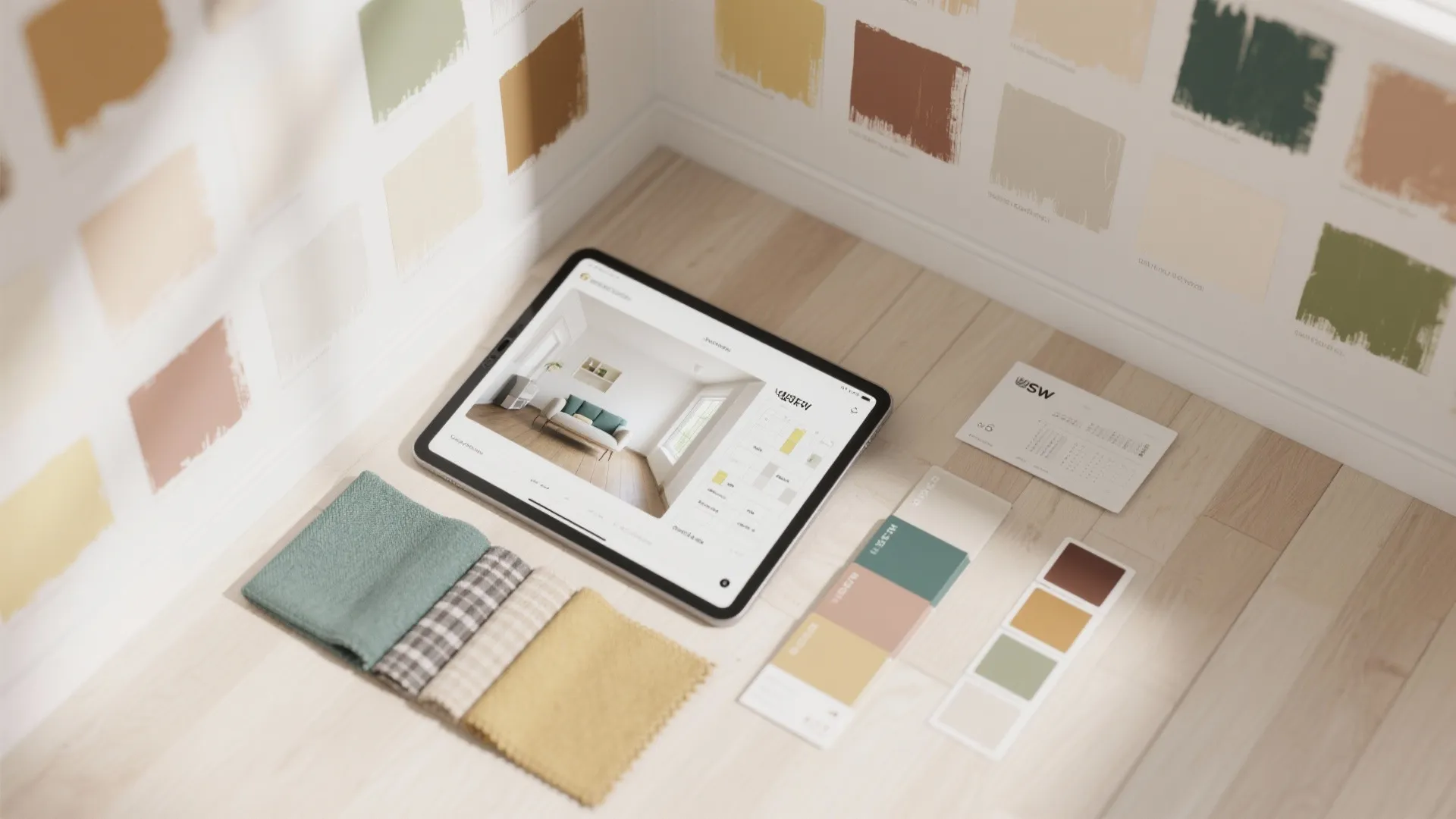 Digital tablet on wood floor surrounded by colorful paint samples and fabric swatches for decorating