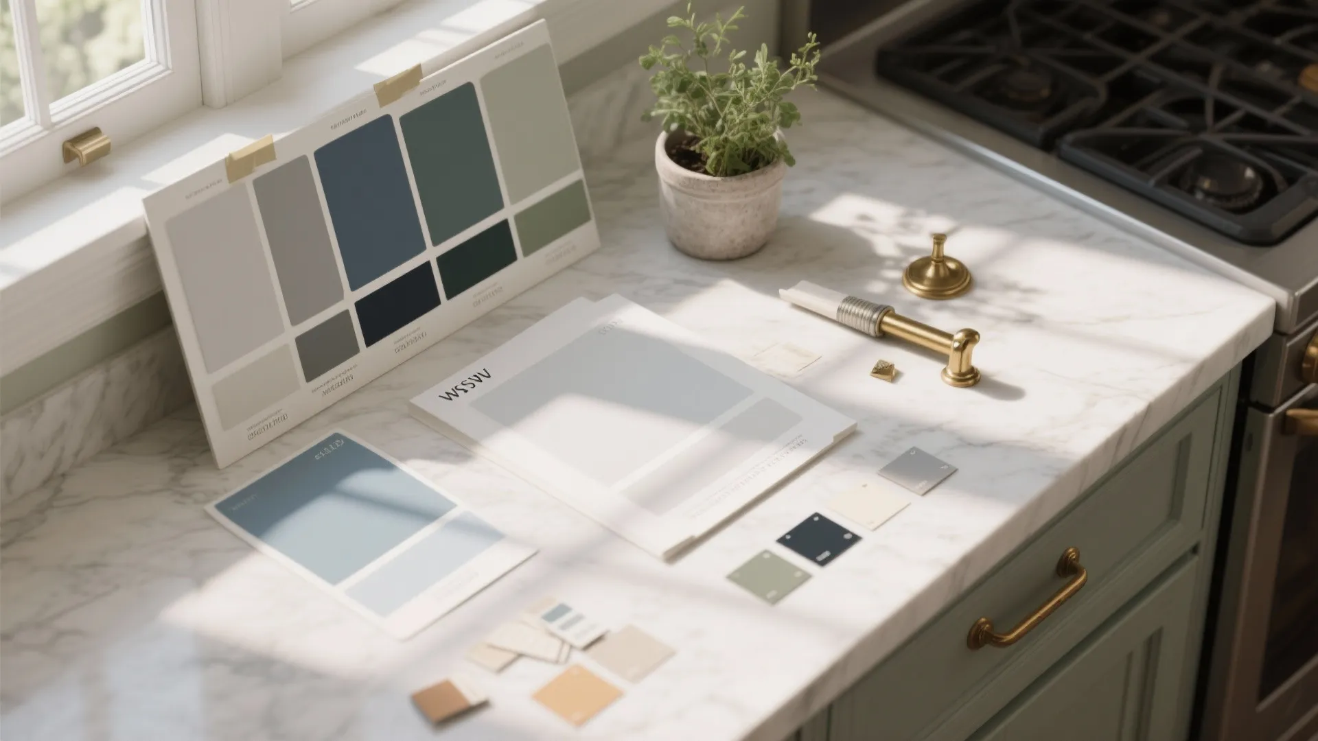 Top-down flatlay of paint chips and swatches for testing antique white undertones and kitchen palettes