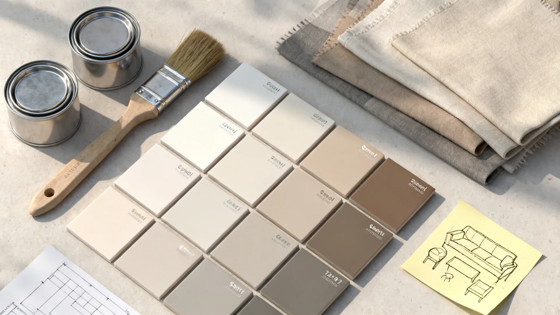 Flatlay of paint sample boards showing eggshell and satin swatches with testing tools