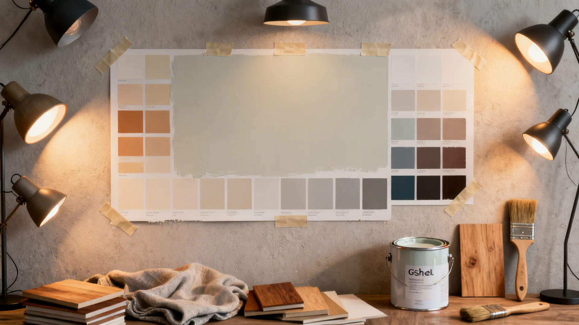 Flatlay of paint swatches, fabric samples, wood samples and lamps for testing light.