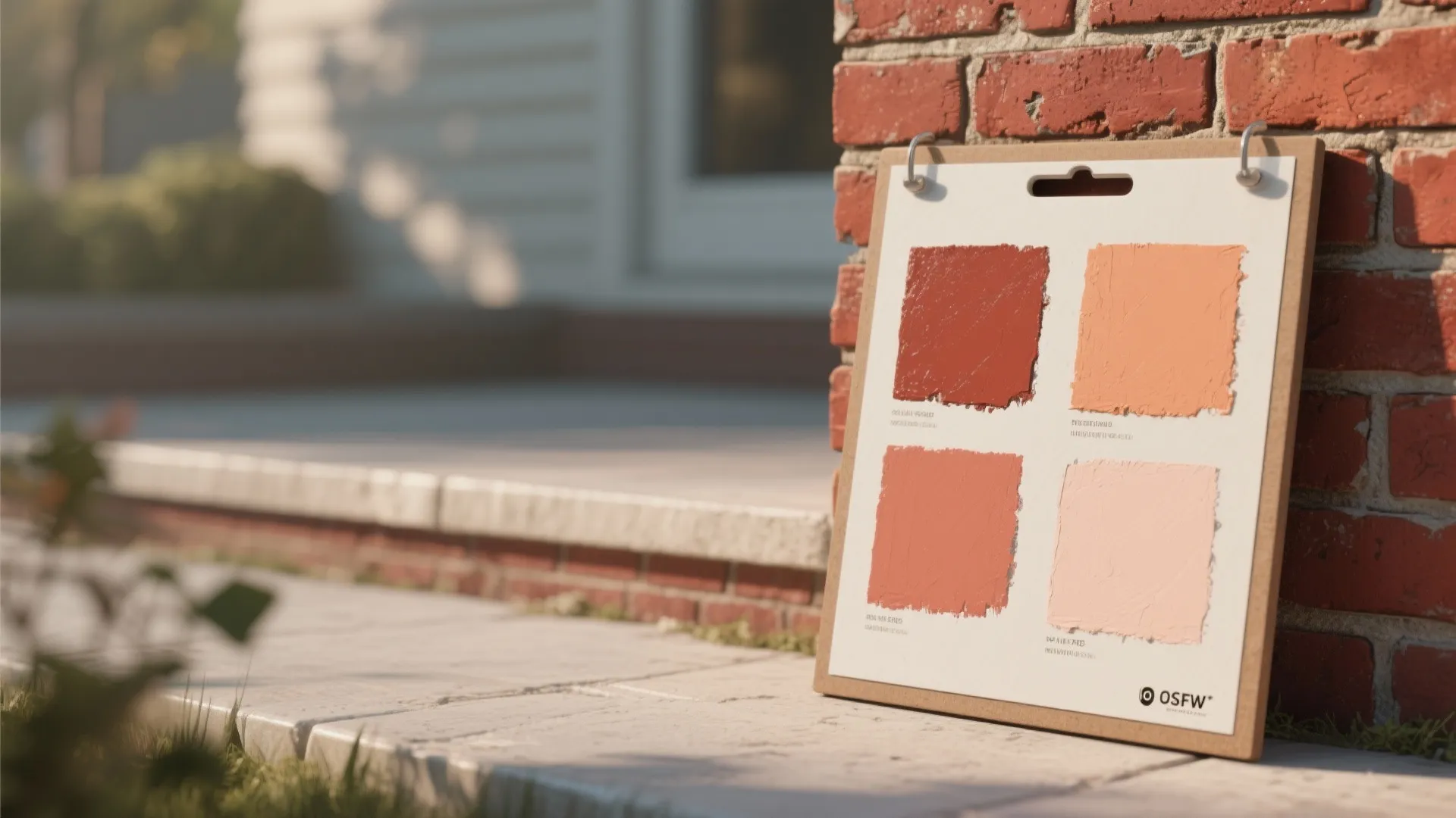 Four textured paint color samples on a board leaning against an outdoor red brick wall