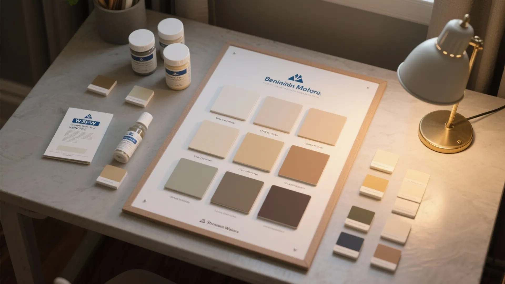 Flatlay of painted 12x12 samples, tester jars and swatches used to test white paint undertones under different lights.