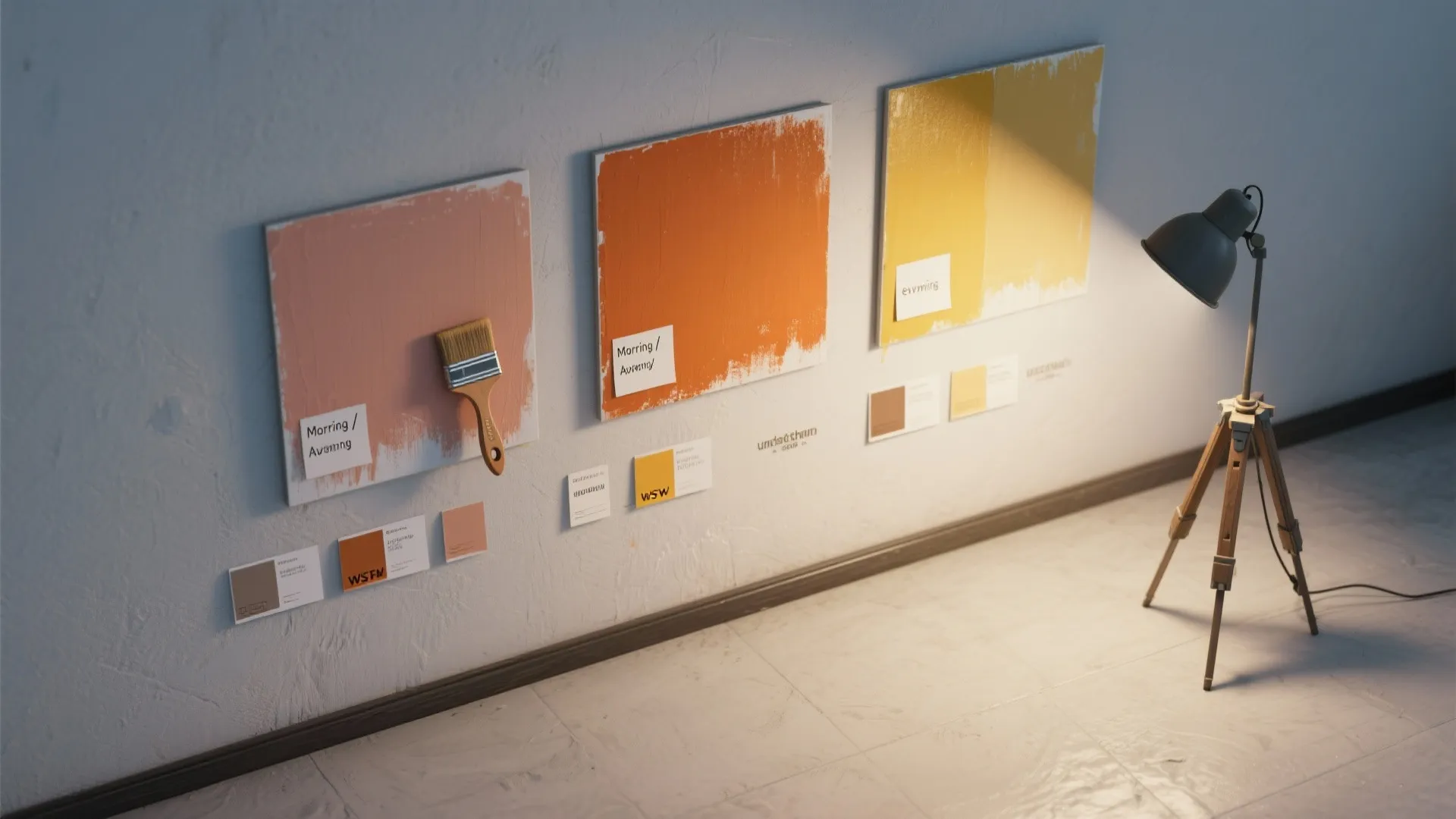 Top-down view of painted 2x2 foot swatches on three walls with sample cards and labels showing light changes.