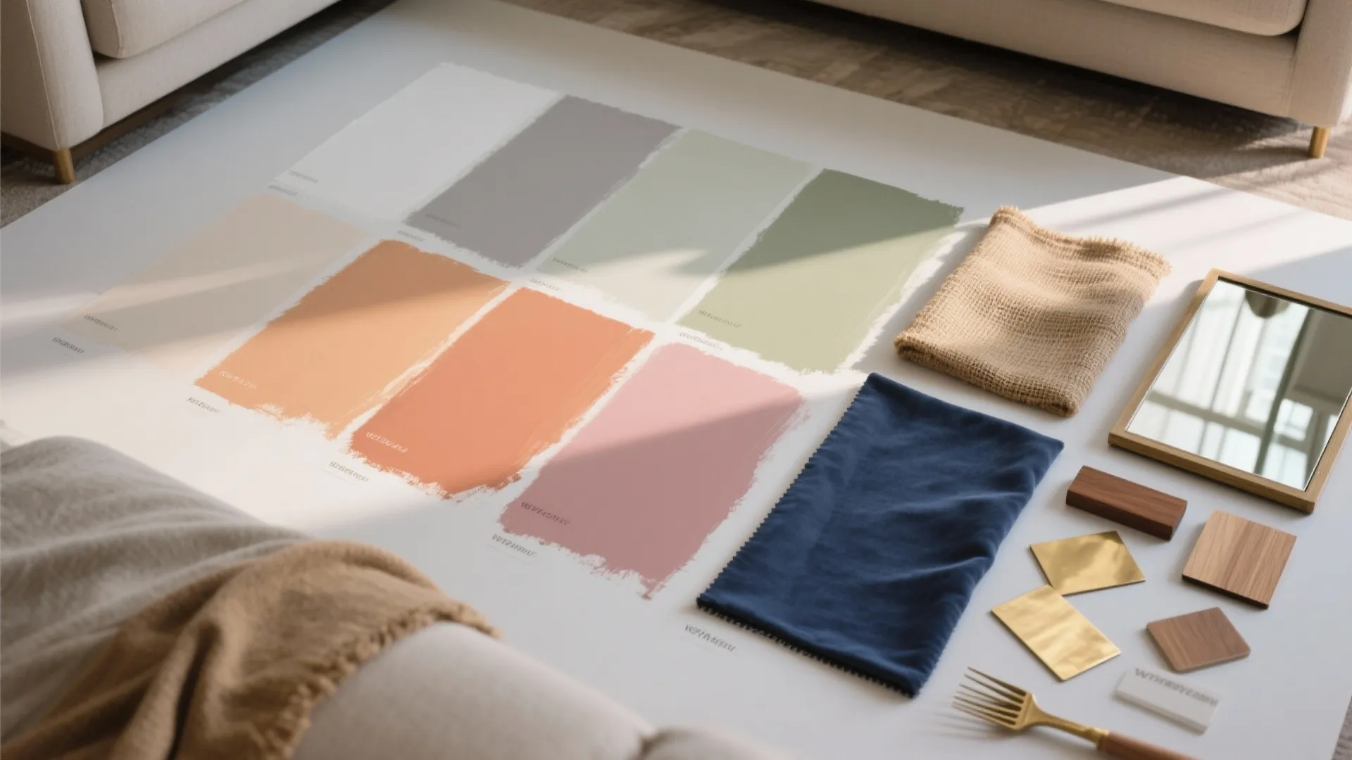 Top-down flat lay of paint swatches and material samples showing how to test colours in different light