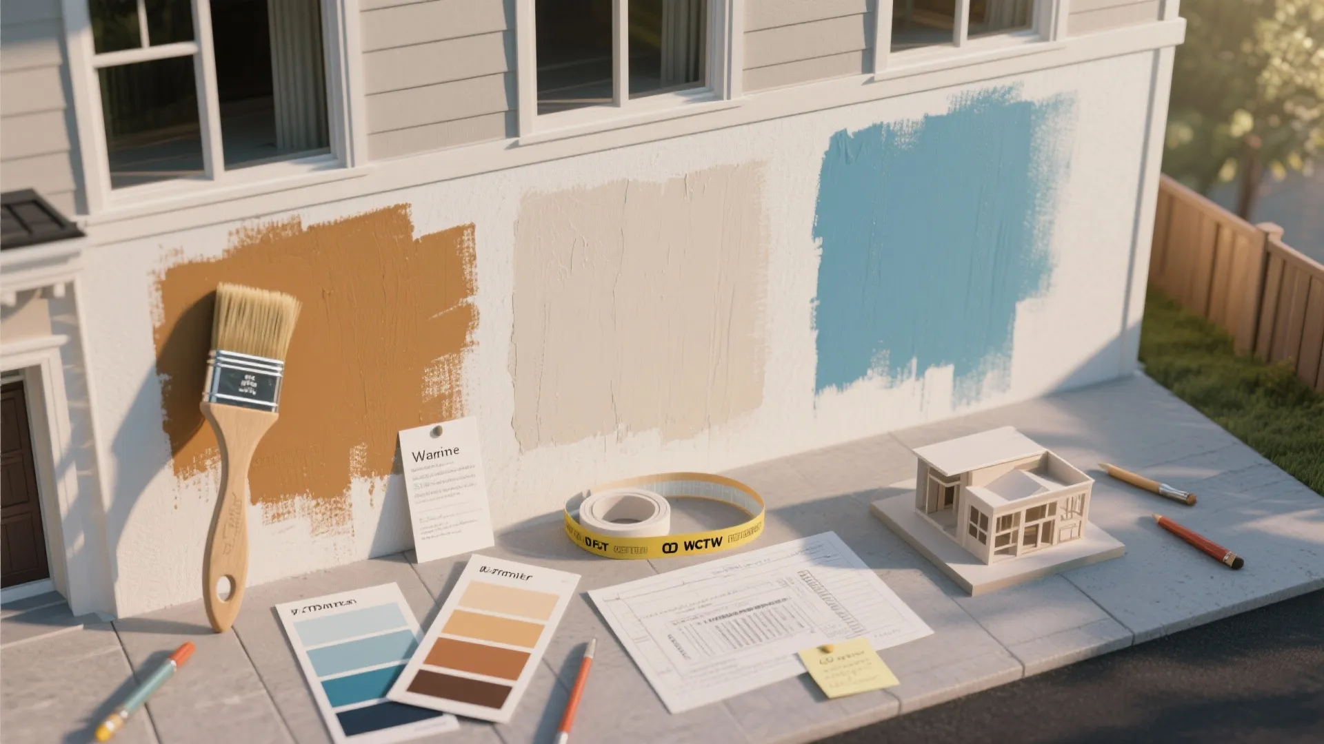 Exterior wall showing three paint color samples brush paper plans and a small house model